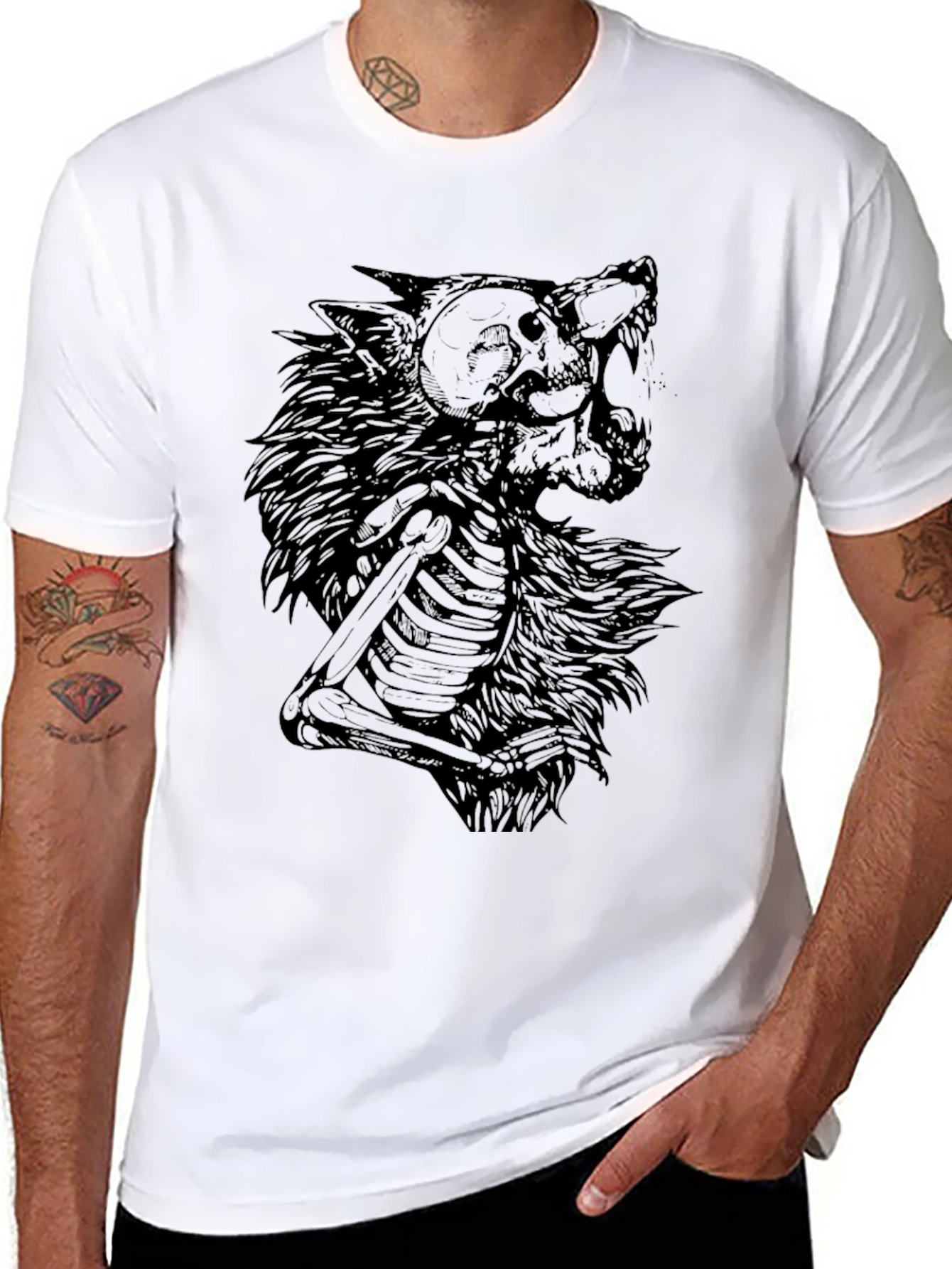 Wolf Skeleton Graphic Print Black T-Shirt