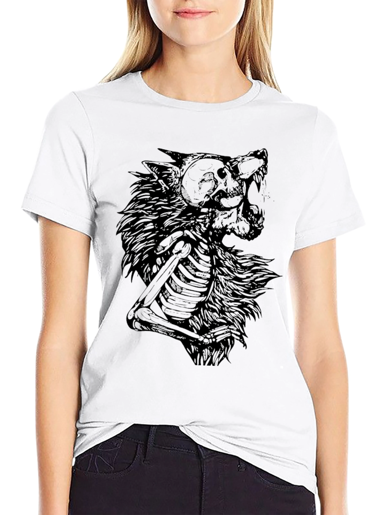 Wolf Skeleton Graphic Print Black T-Shirt
