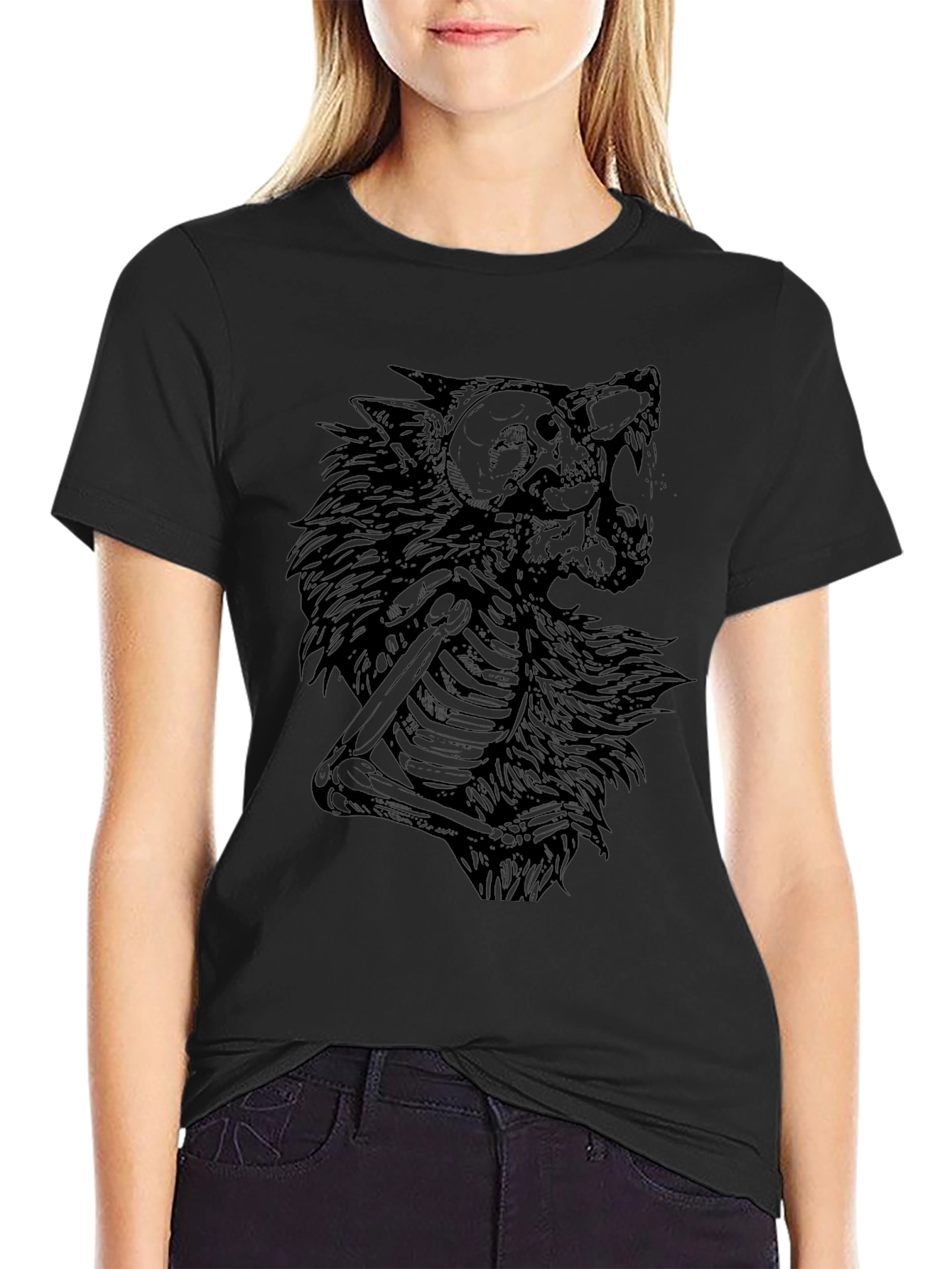 Wolf Skeleton Graphic Print Black T-Shirt