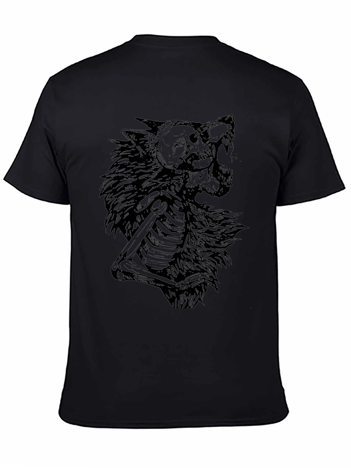 Wolf Skeleton Graphic Print Black T-Shirt