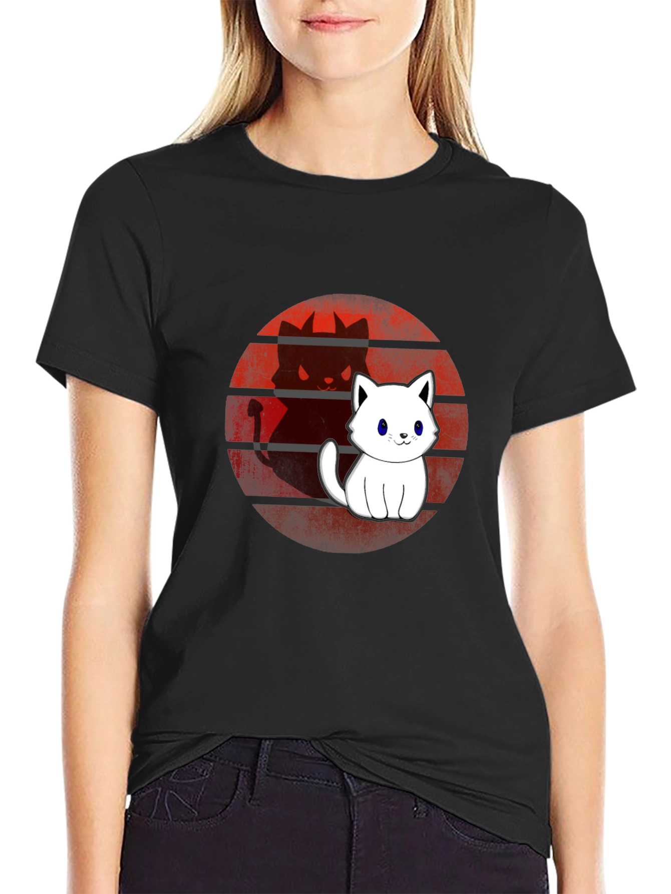 Cute Cat Devil Shadow T-Shirt - Mens Black Tee