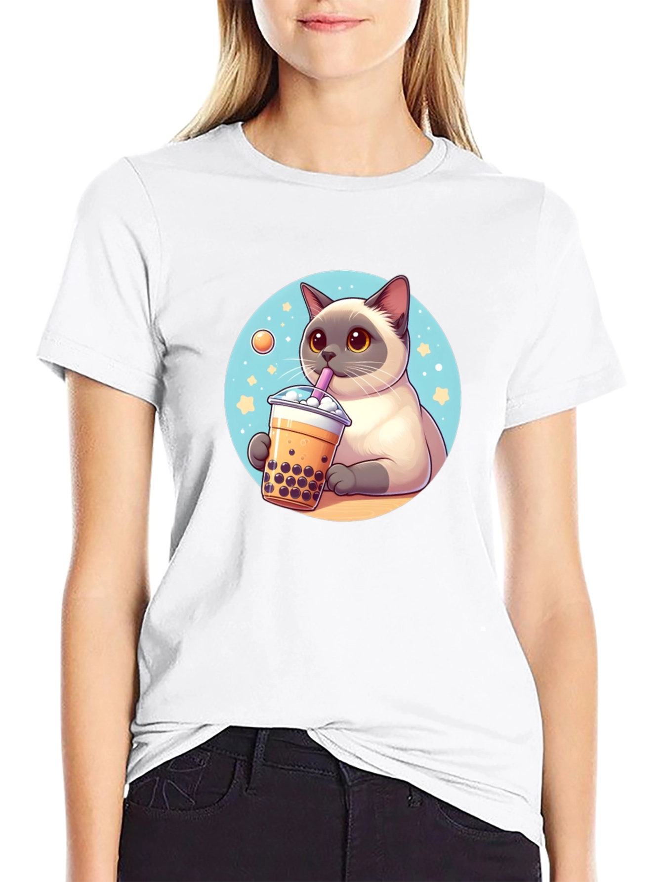 Cute Cartoon Cat Boba Tea Graphic T-Shirt