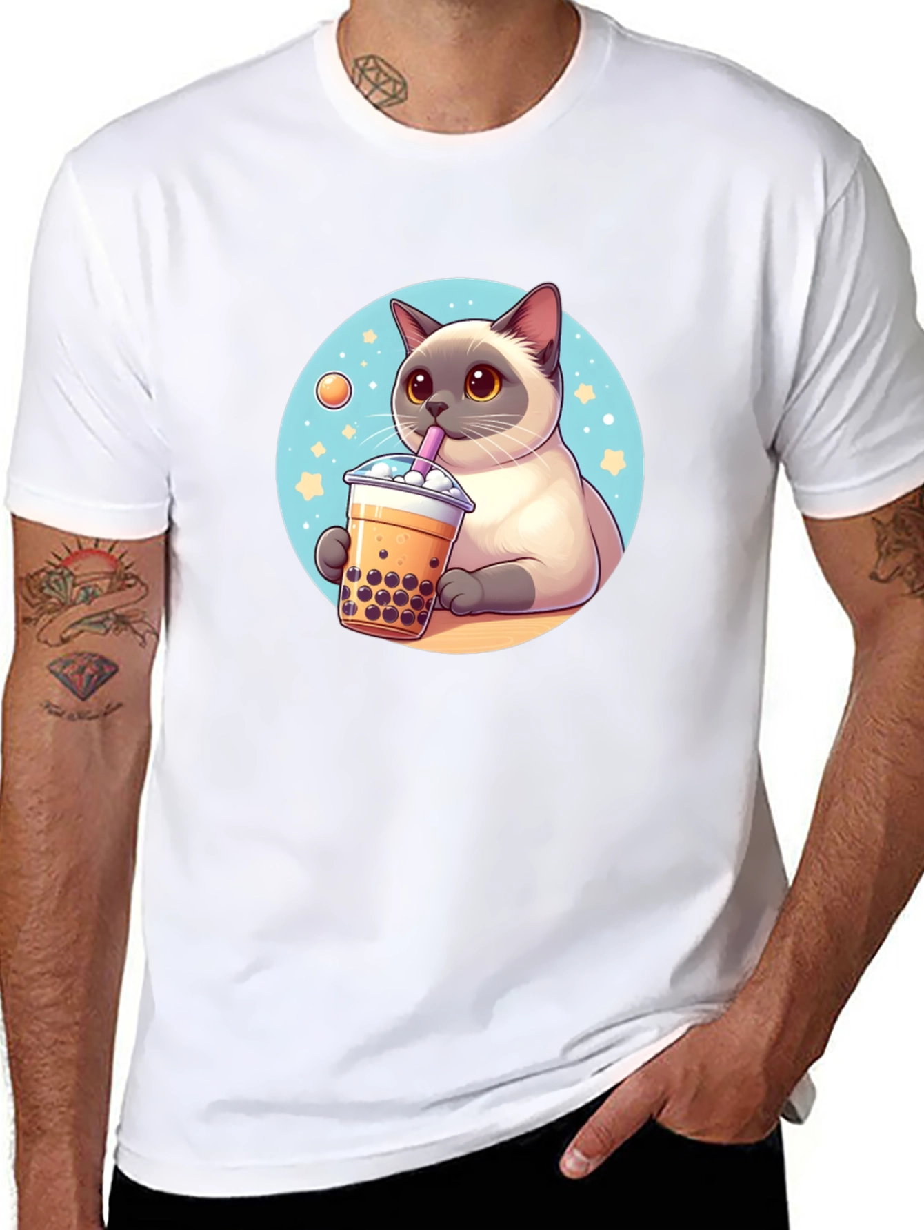 Cute Cartoon Cat Boba Tea Graphic T-Shirt