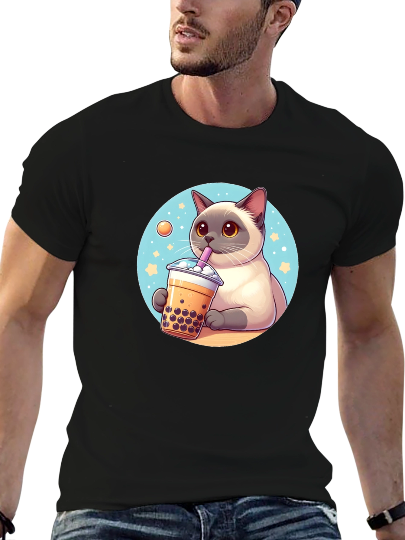 Cute Cartoon Cat Boba Tea Graphic T-Shirt