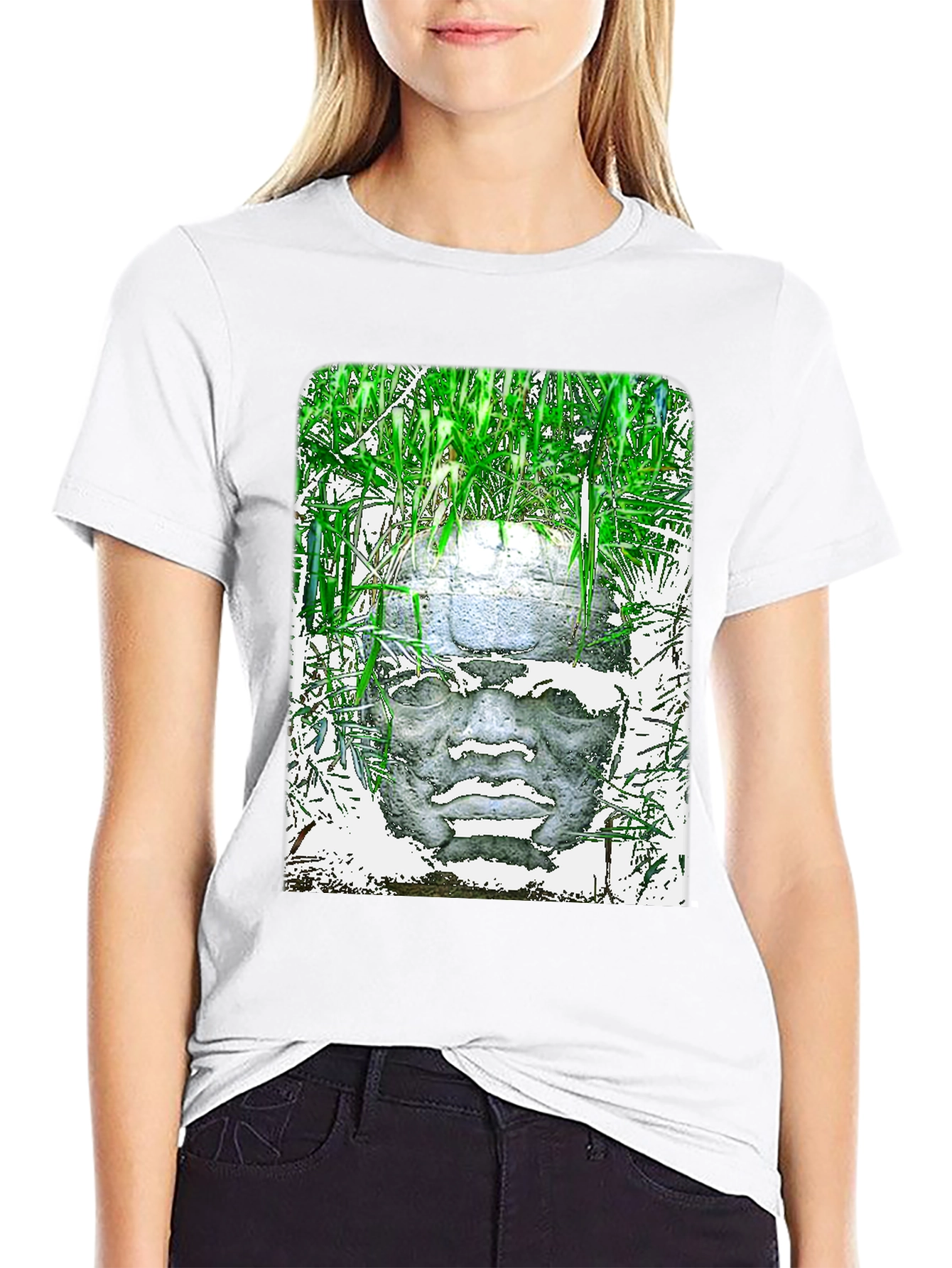 Olmec Head Graphic Tee - Black Cotton T-Shirt