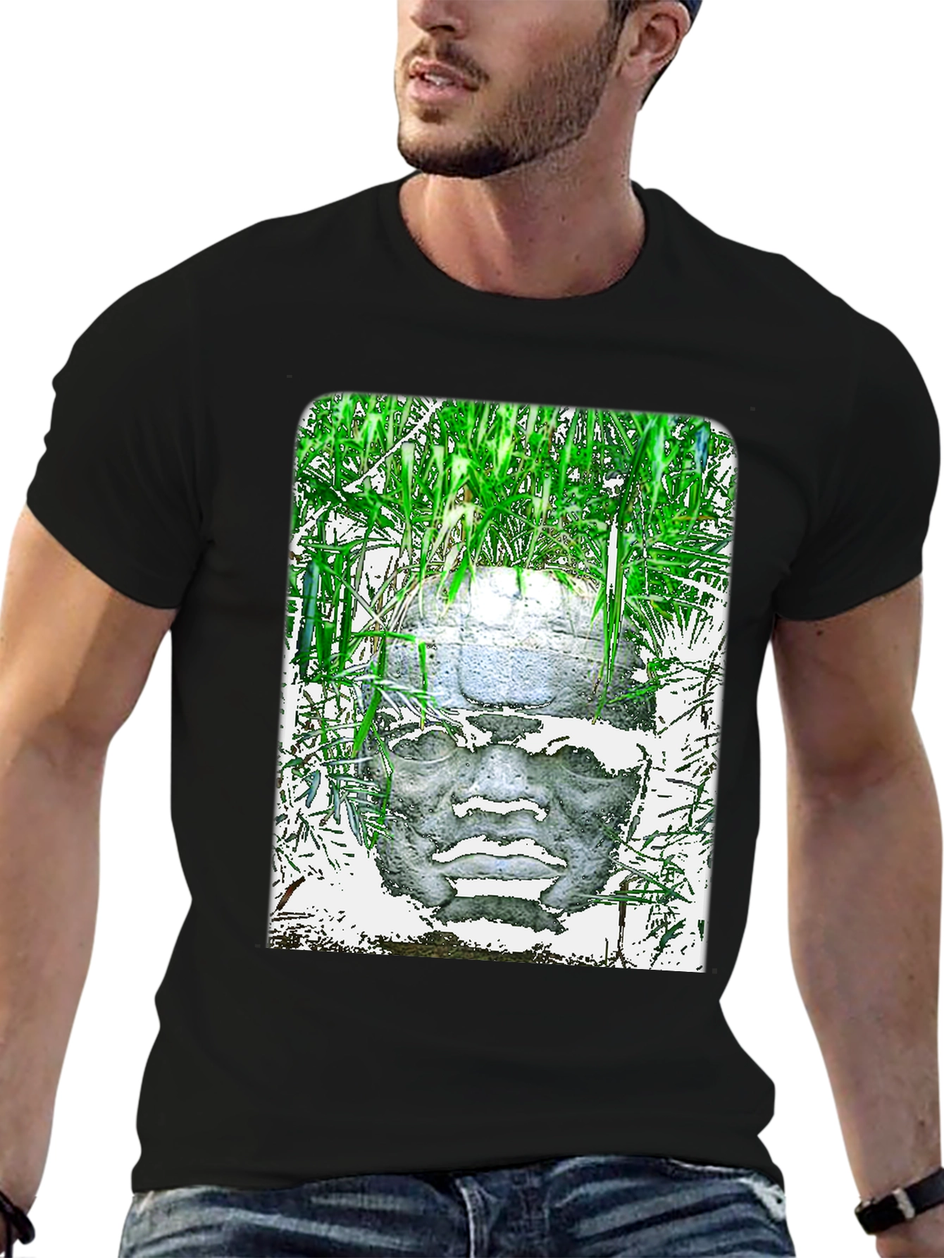 Olmec Head Graphic Tee - Black Cotton T-Shirt