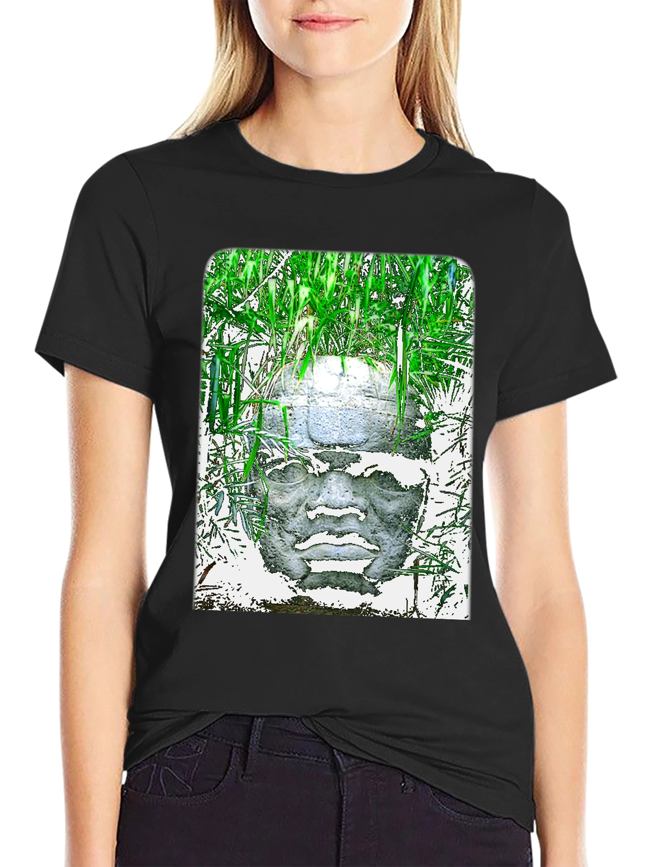 Olmec Head Graphic Tee - Black Cotton T-Shirt