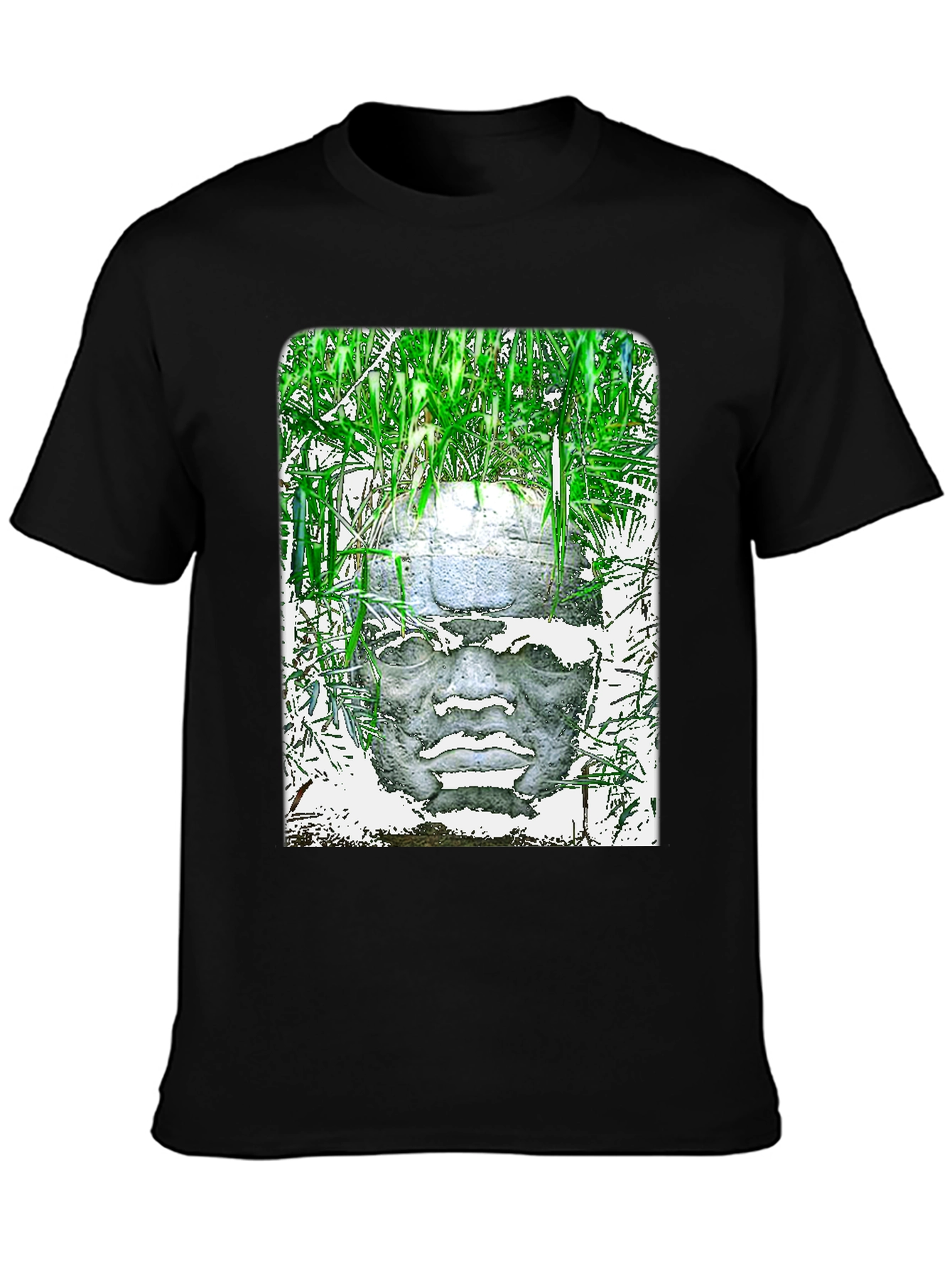 Olmec Head Graphic Tee - Black Cotton T-Shirt