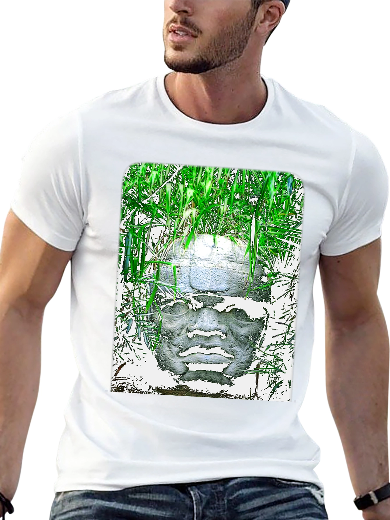 Olmec Head Graphic Tee - Black Cotton T-Shirt