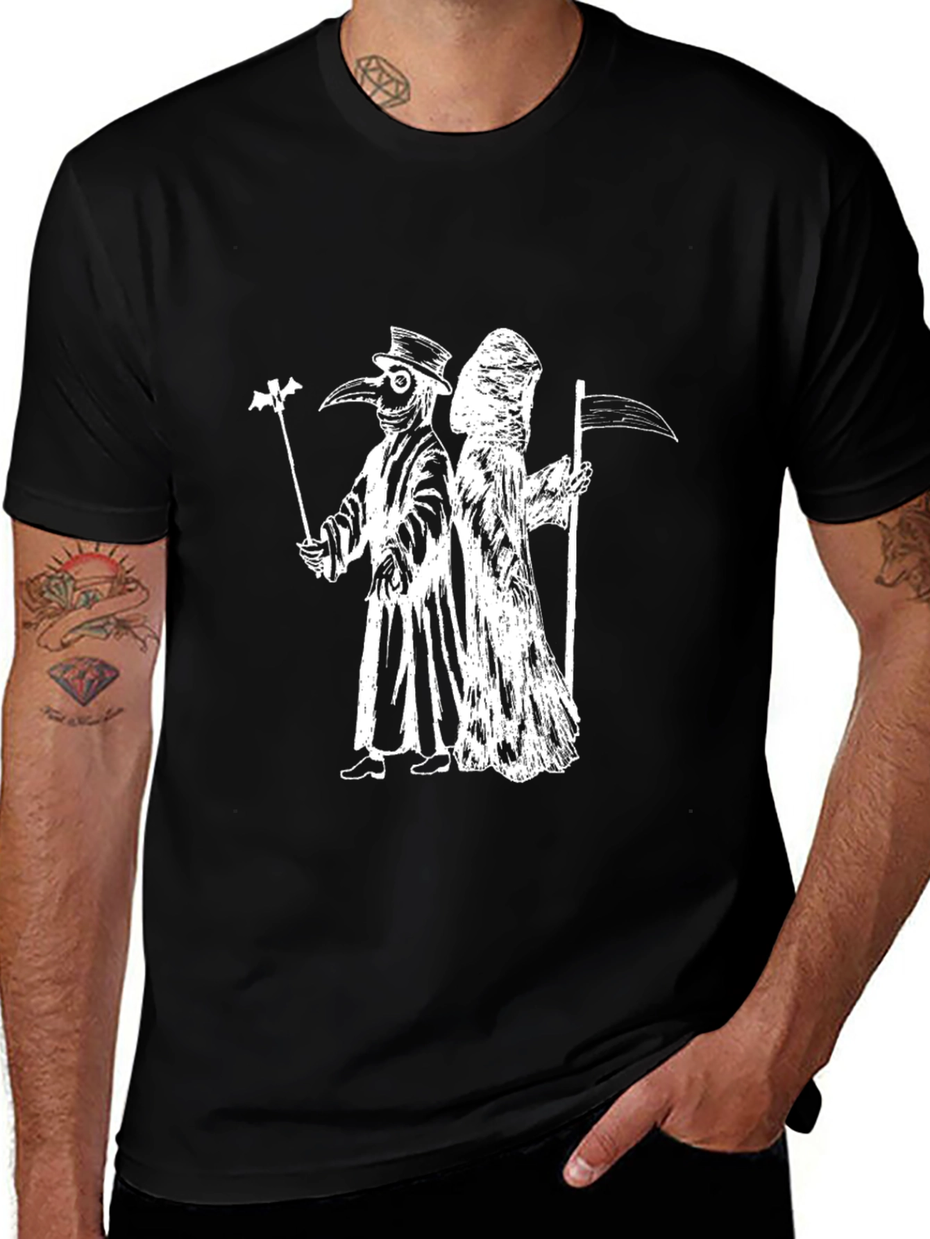 Plague Doctor & Grim Reaper Black Graphic Tee