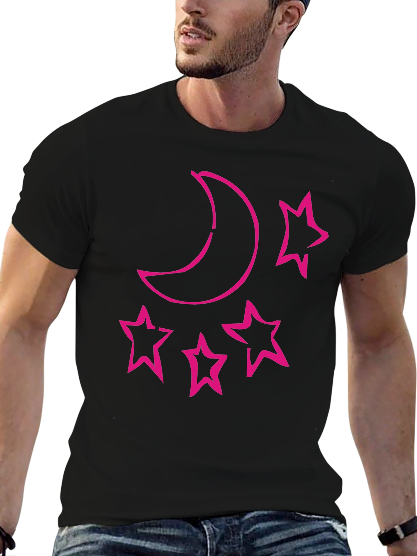 Moon & Stars Graphic Tee - Black Cotton T-Shirt