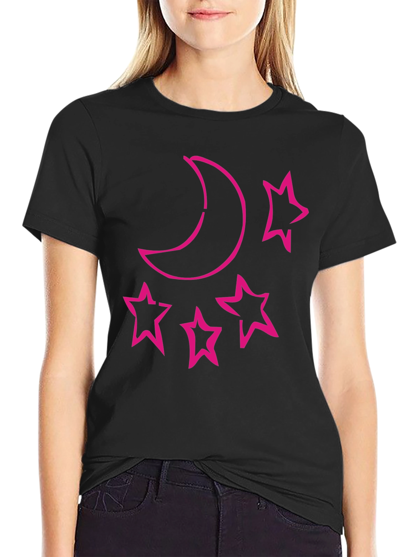 Moon & Stars Graphic Tee - Black Cotton T-Shirt