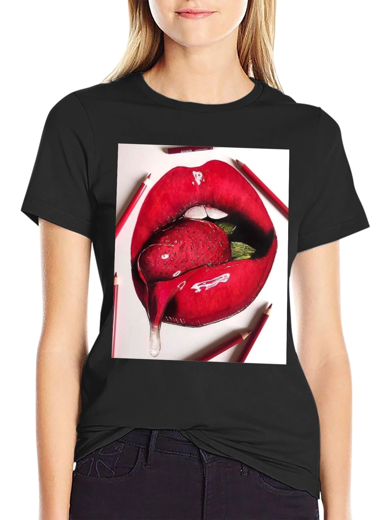 Strawberry Lips Graphic Tee - Unisex Black T-Shirt