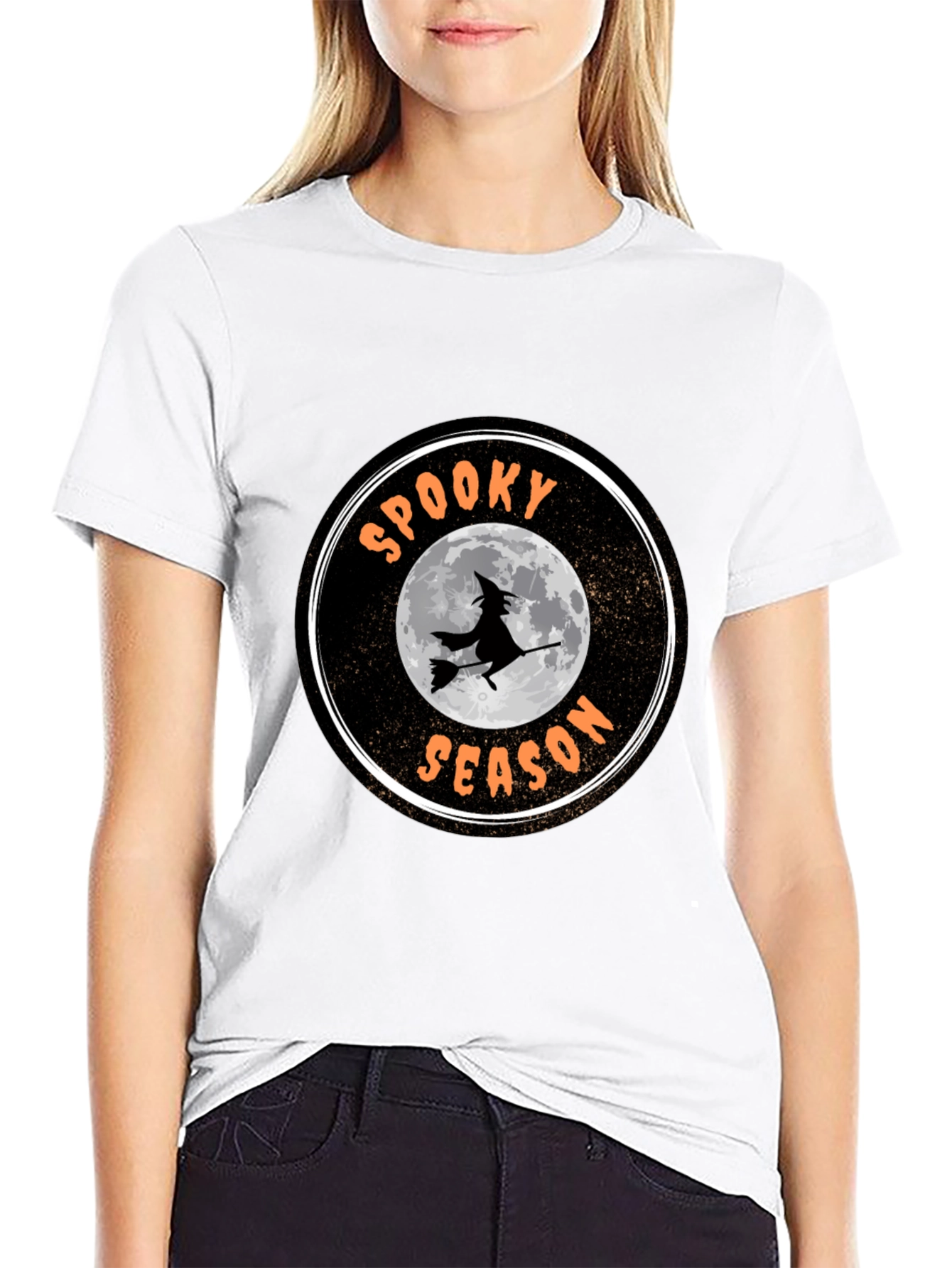 Spooky Season Black T-Shirt with Witch Design