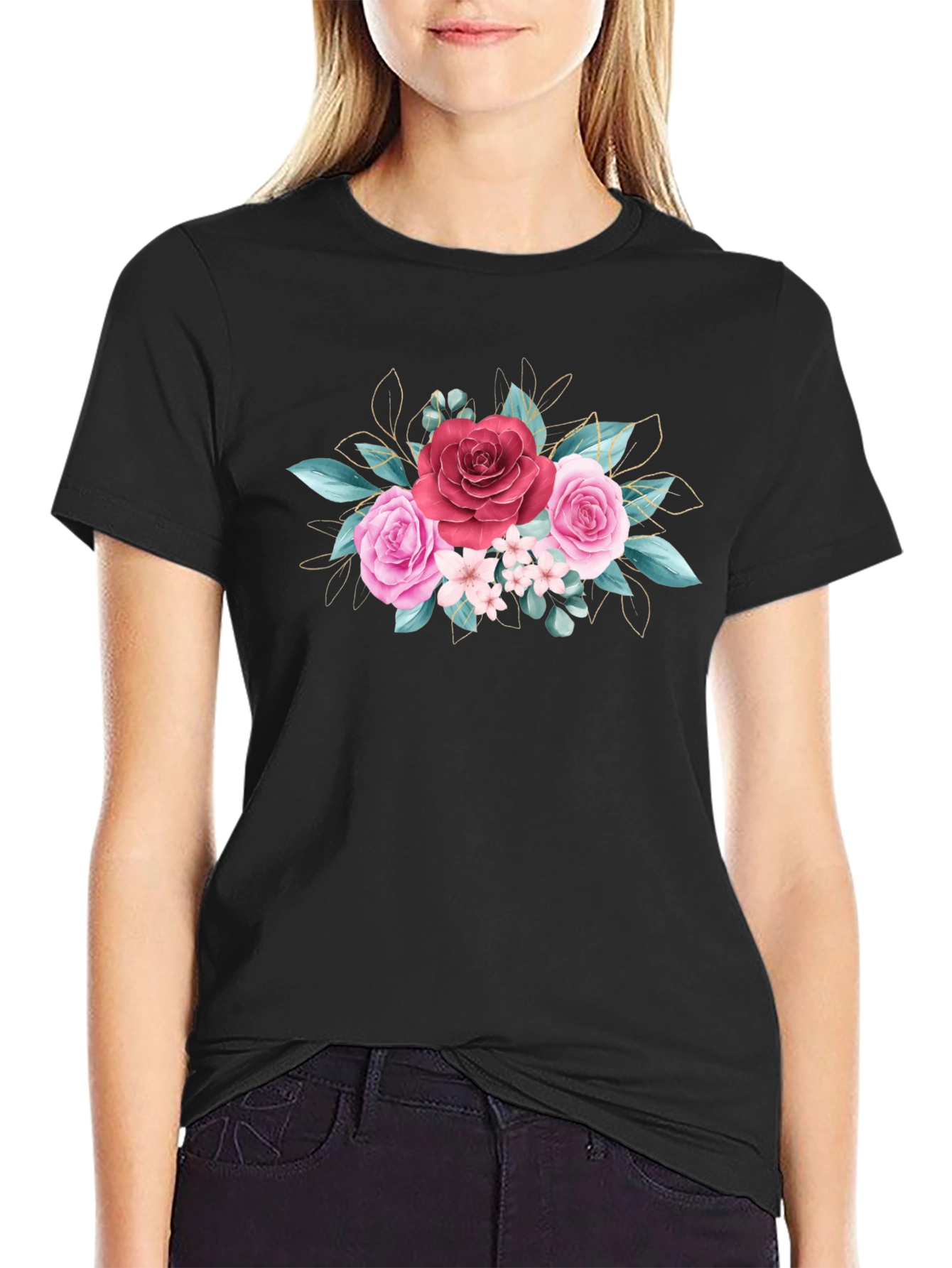 Floral Rose Graphic Tee - Stylish Black T-Shirt