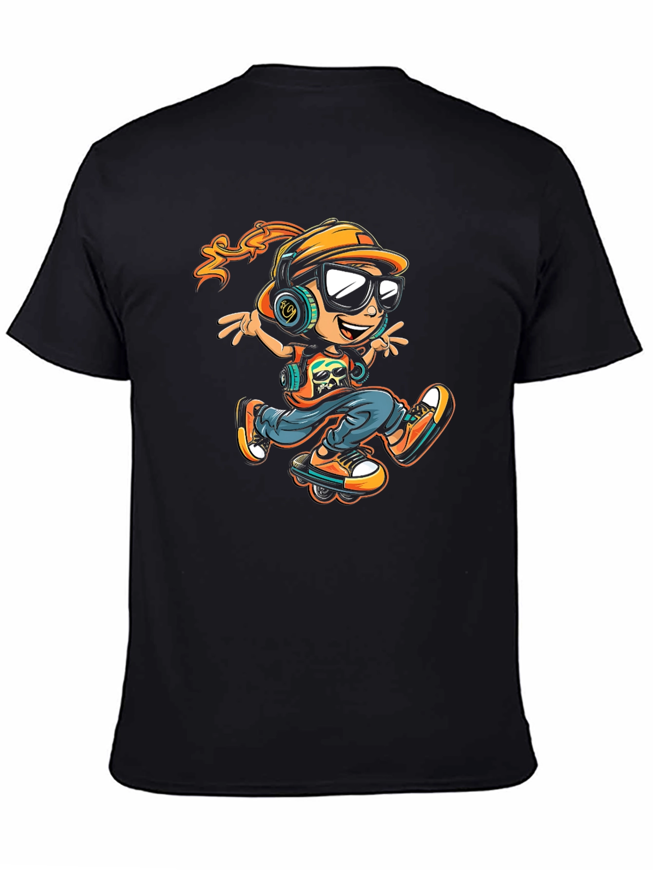Cool Cartoon Skater Graphic Tee - Black Cotton Shirt