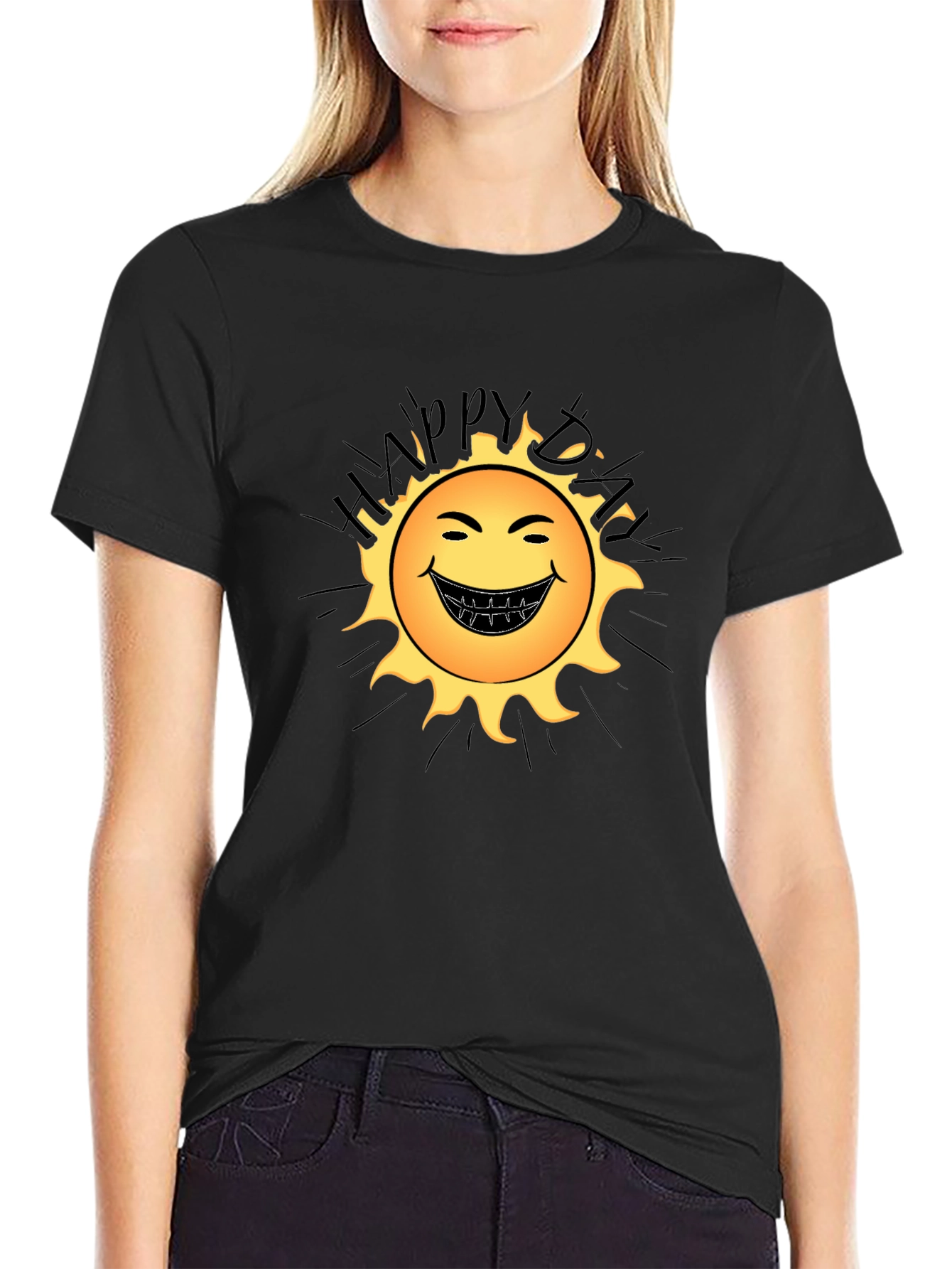Happy Day Sun Graphic Black T-Shirt