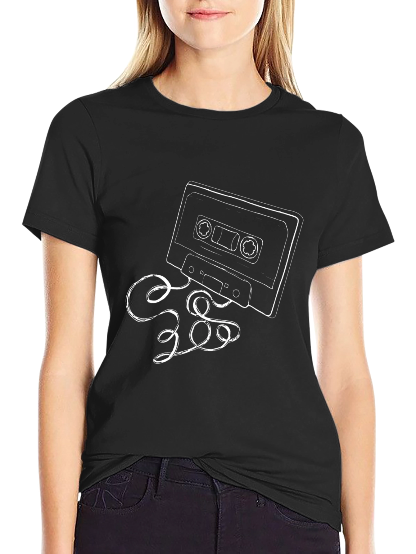 Retro Cassette Tape Graphic Tee - Black Cotton Blend
