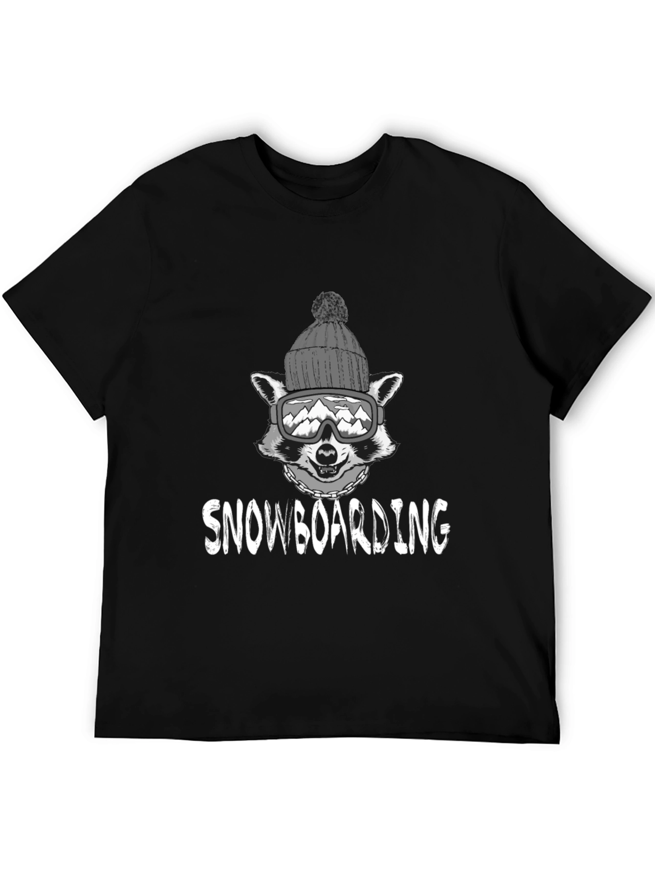 Snowboarding Raccoon Graphic Tee - Black Cotton