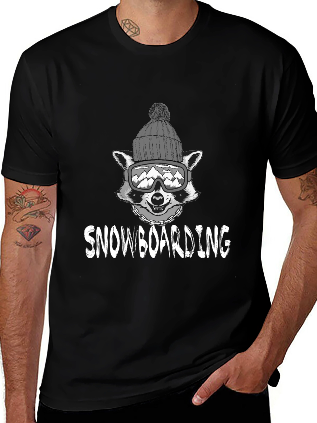 Snowboarding Raccoon Graphic Tee - Black Cotton