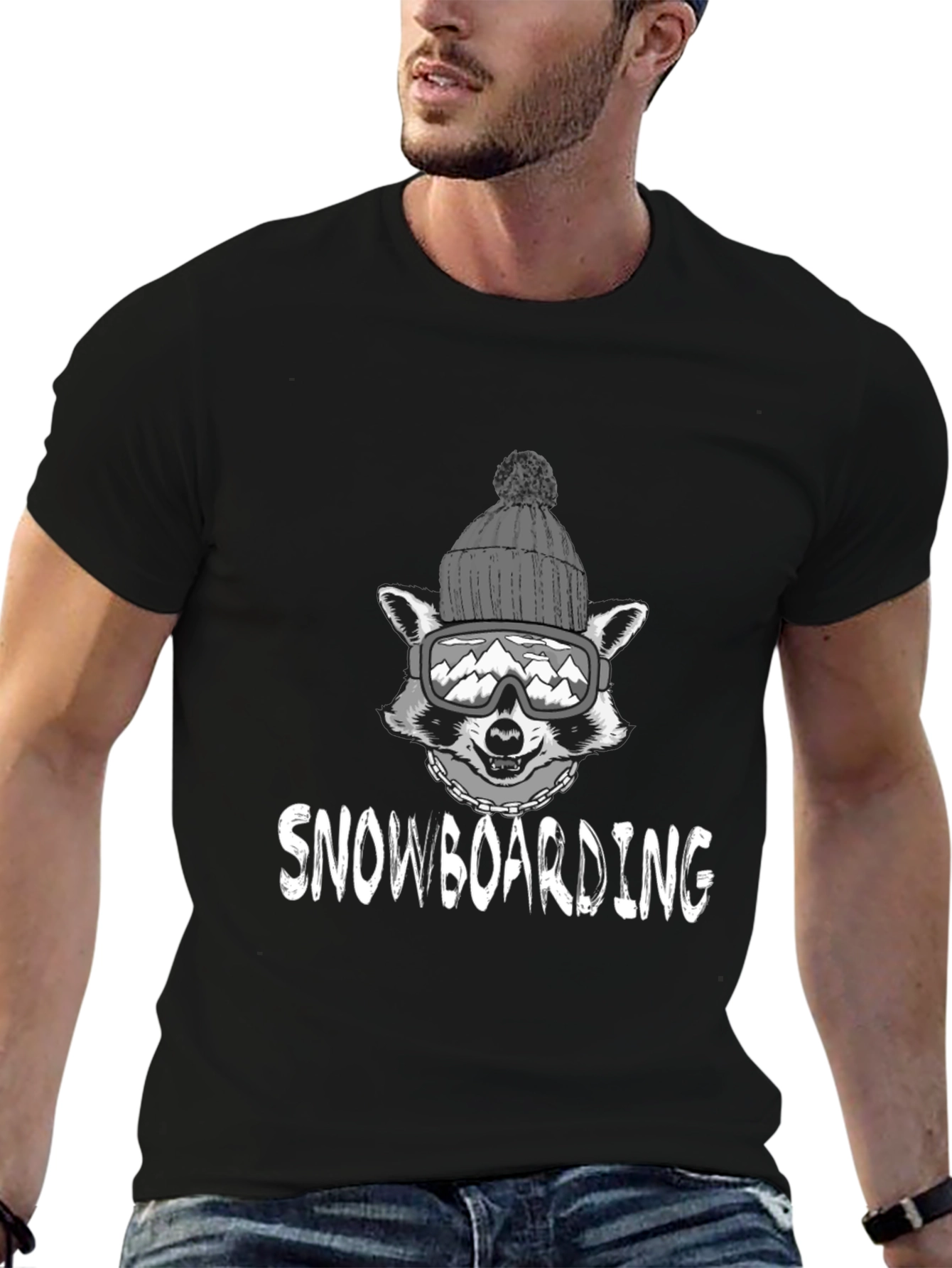 Snowboarding Raccoon Graphic Tee - Black Cotton