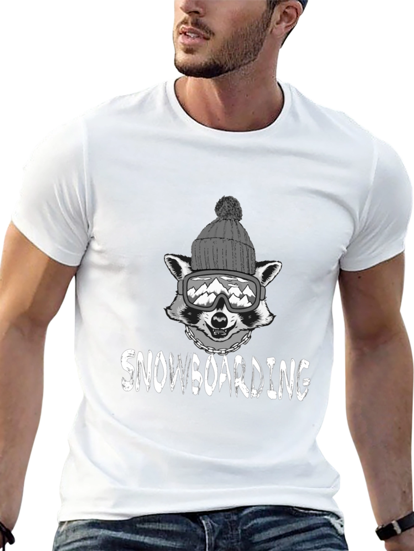 Snowboarding Raccoon Graphic Tee - Black Cotton