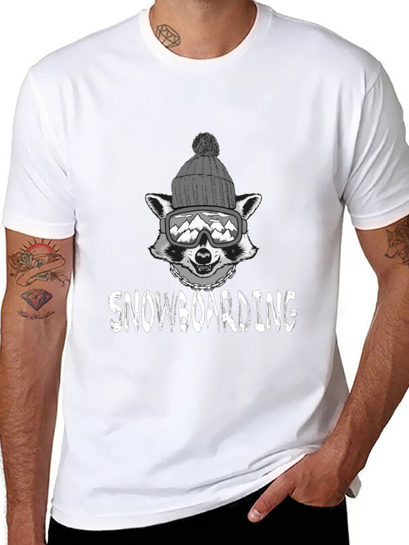 Snowboarding Raccoon Graphic Tee - Black Cotton