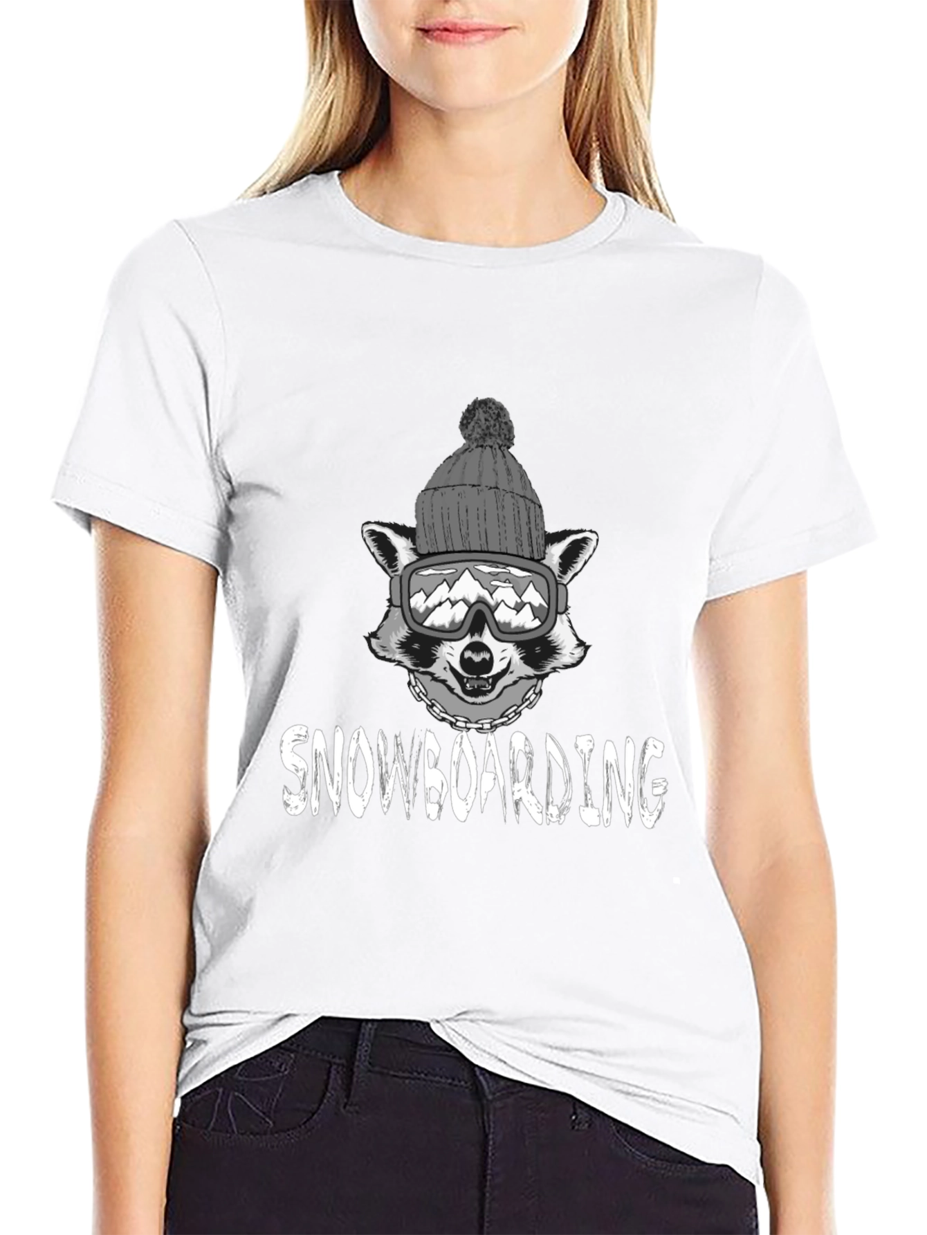 Snowboarding Raccoon Graphic Tee - Black Cotton