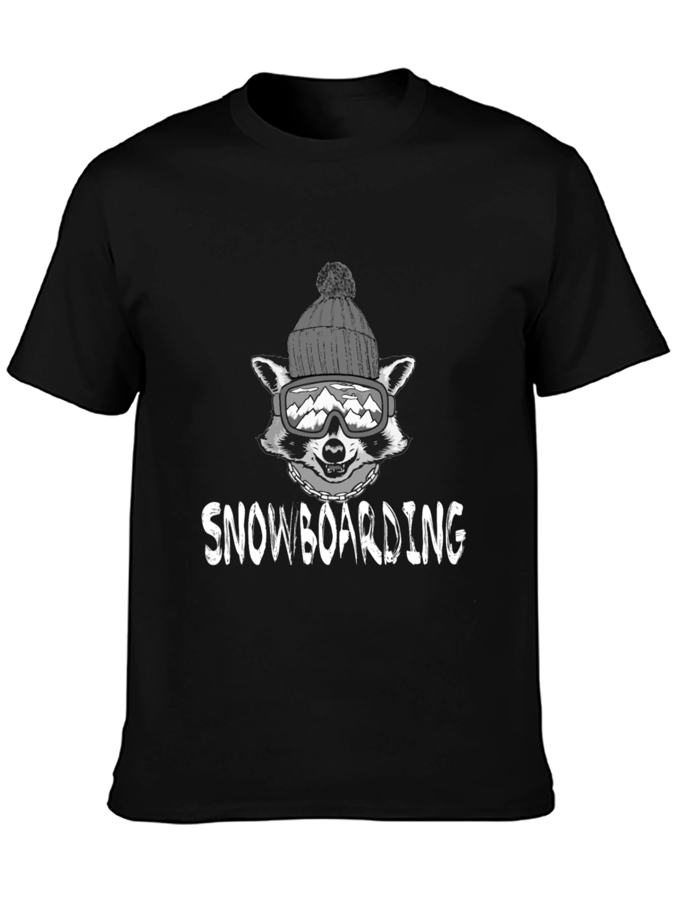 Snowboarding Raccoon Graphic Tee - Black Cotton