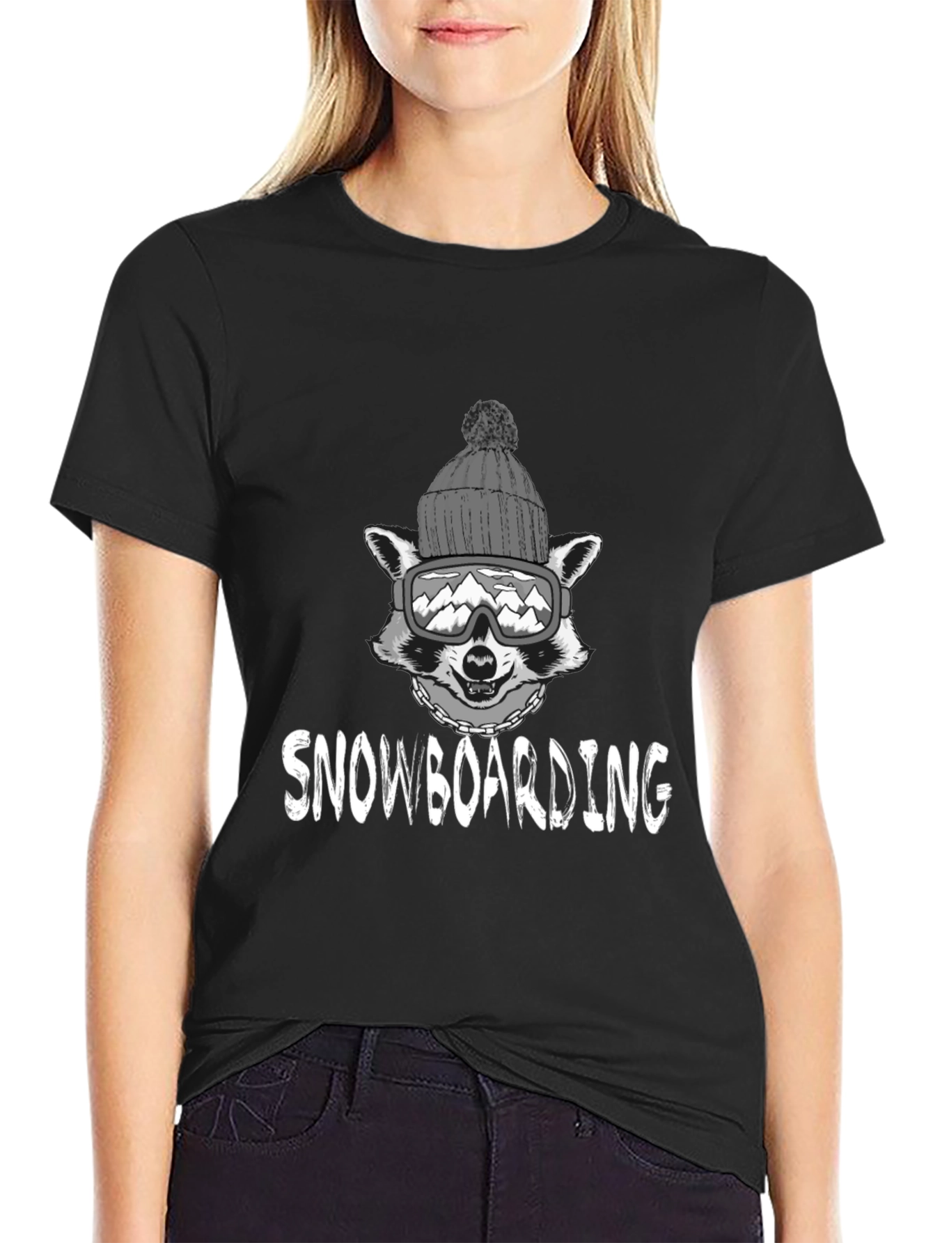Snowboarding Raccoon Graphic Tee - Black Cotton