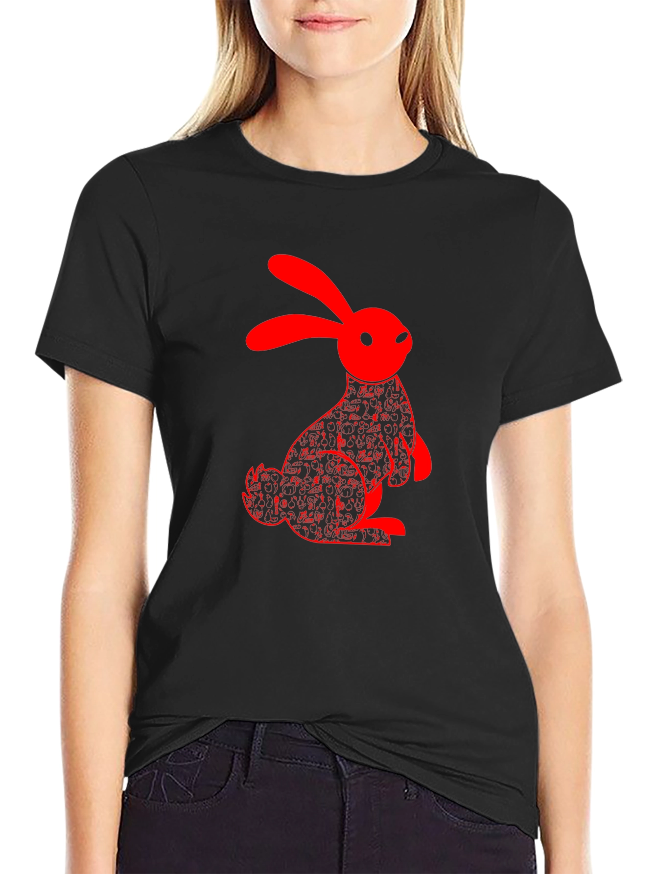 Red Rabbit Graphic Black T-Shirt