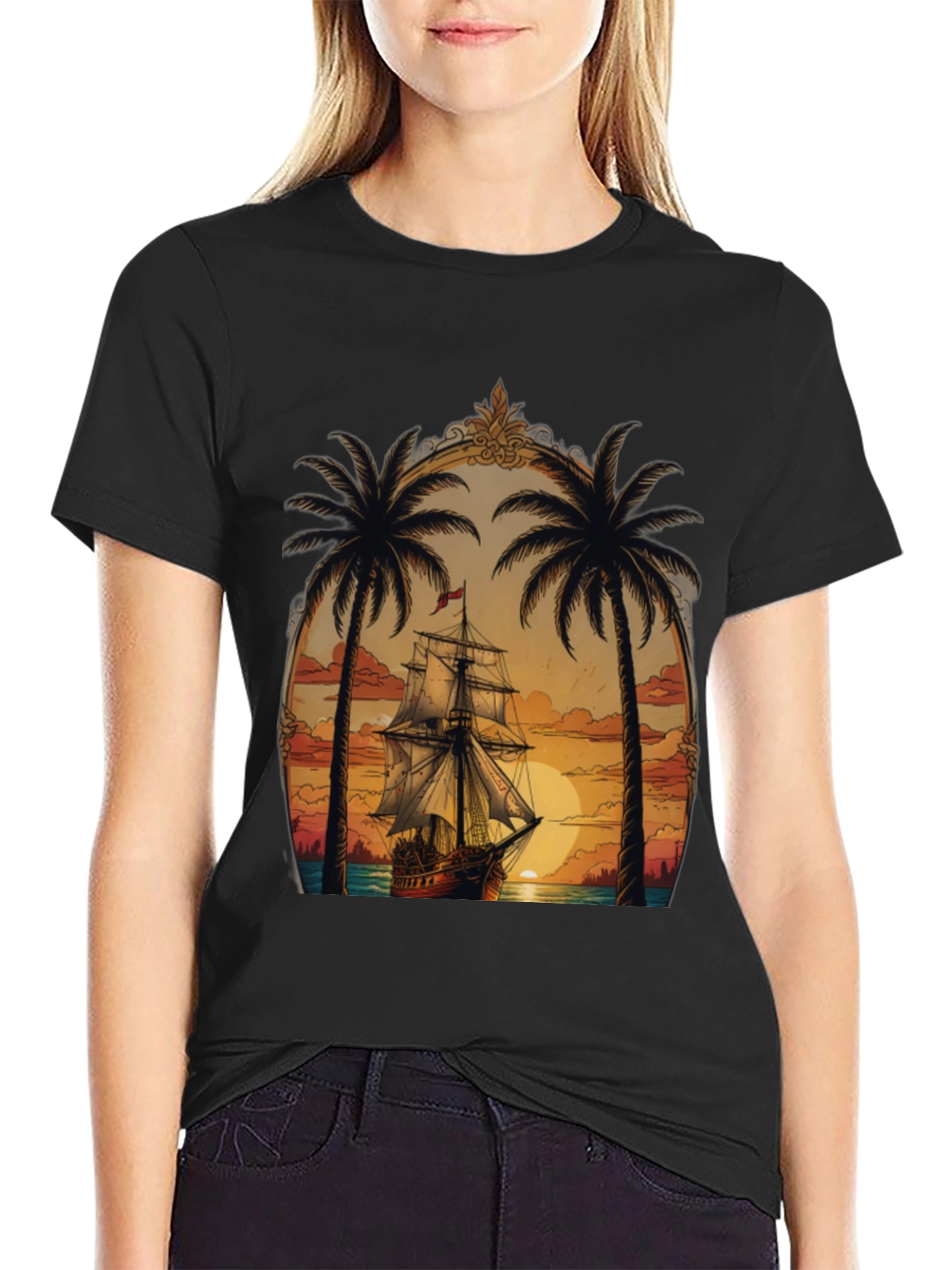 Tropical Sunset Ship Graphic Tee