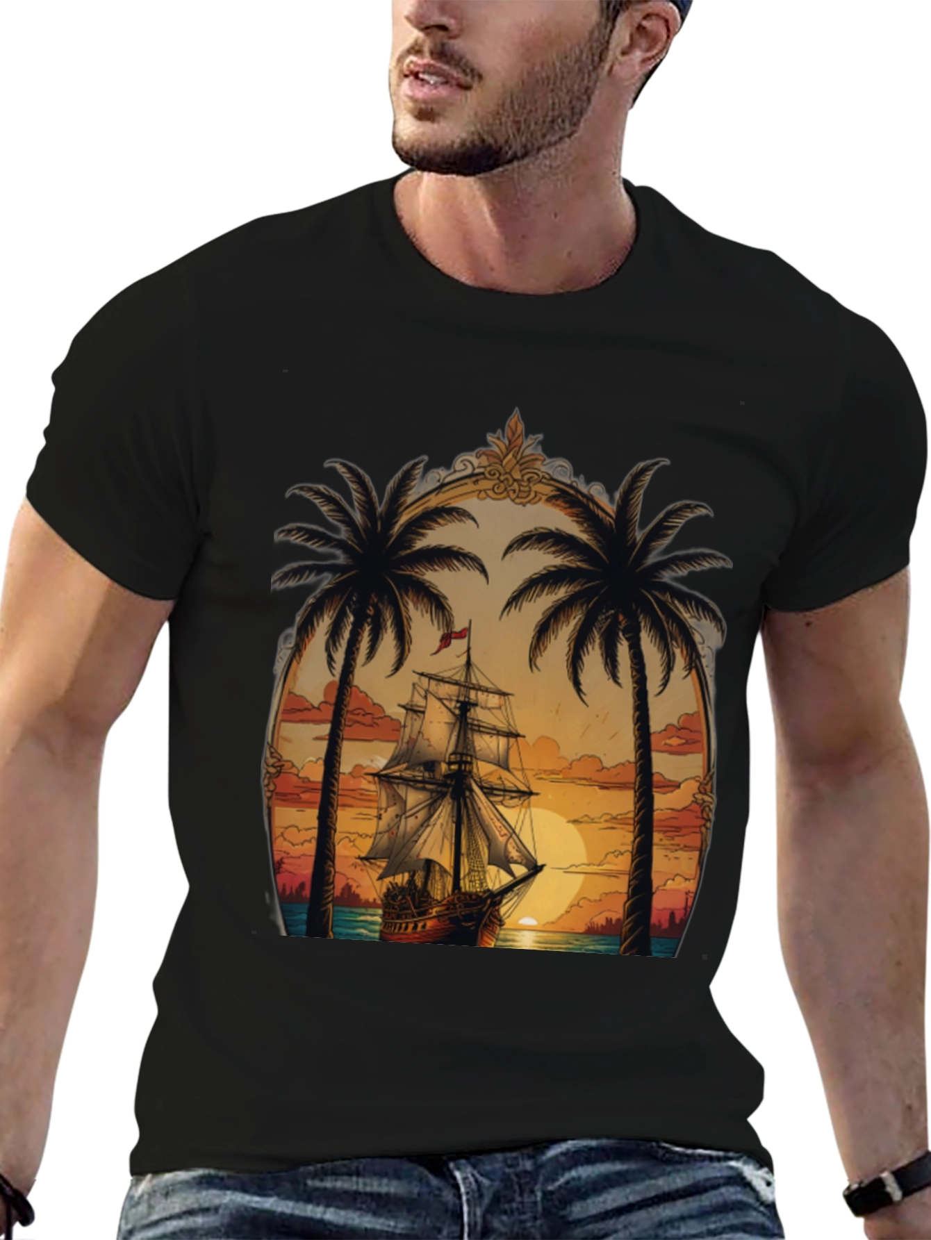 Tropical Sunset Ship Graphic Tee