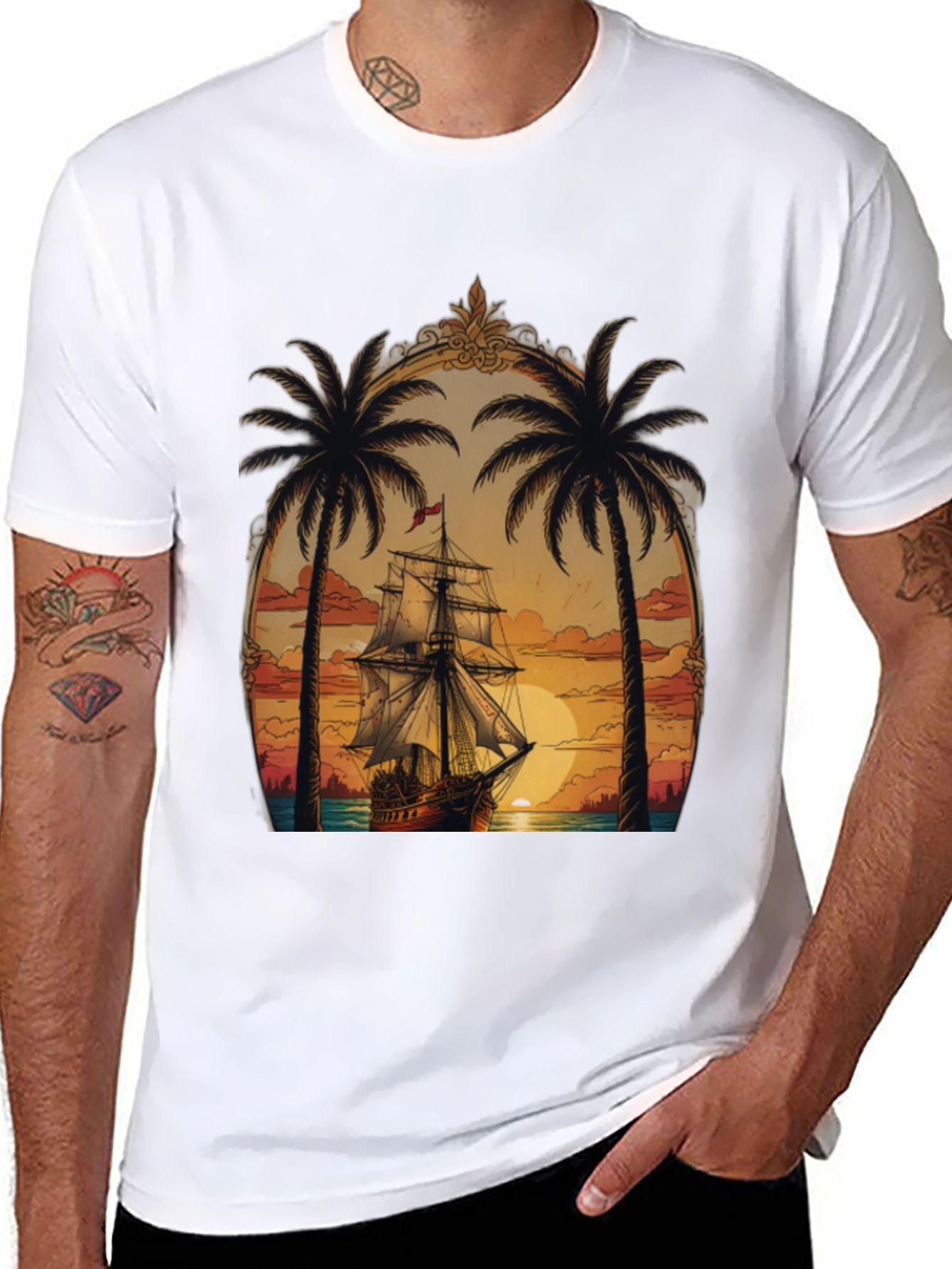 Tropical Sunset Ship Graphic Tee