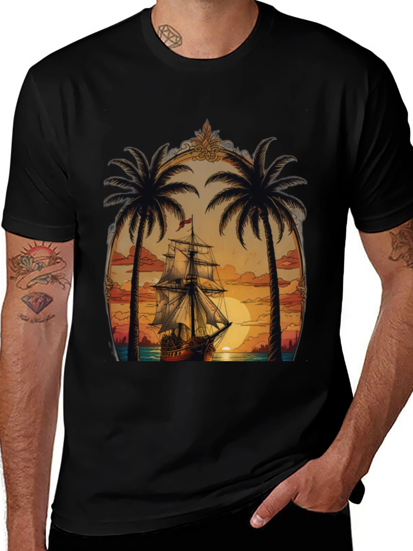 Tropical Sunset Ship Graphic Tee