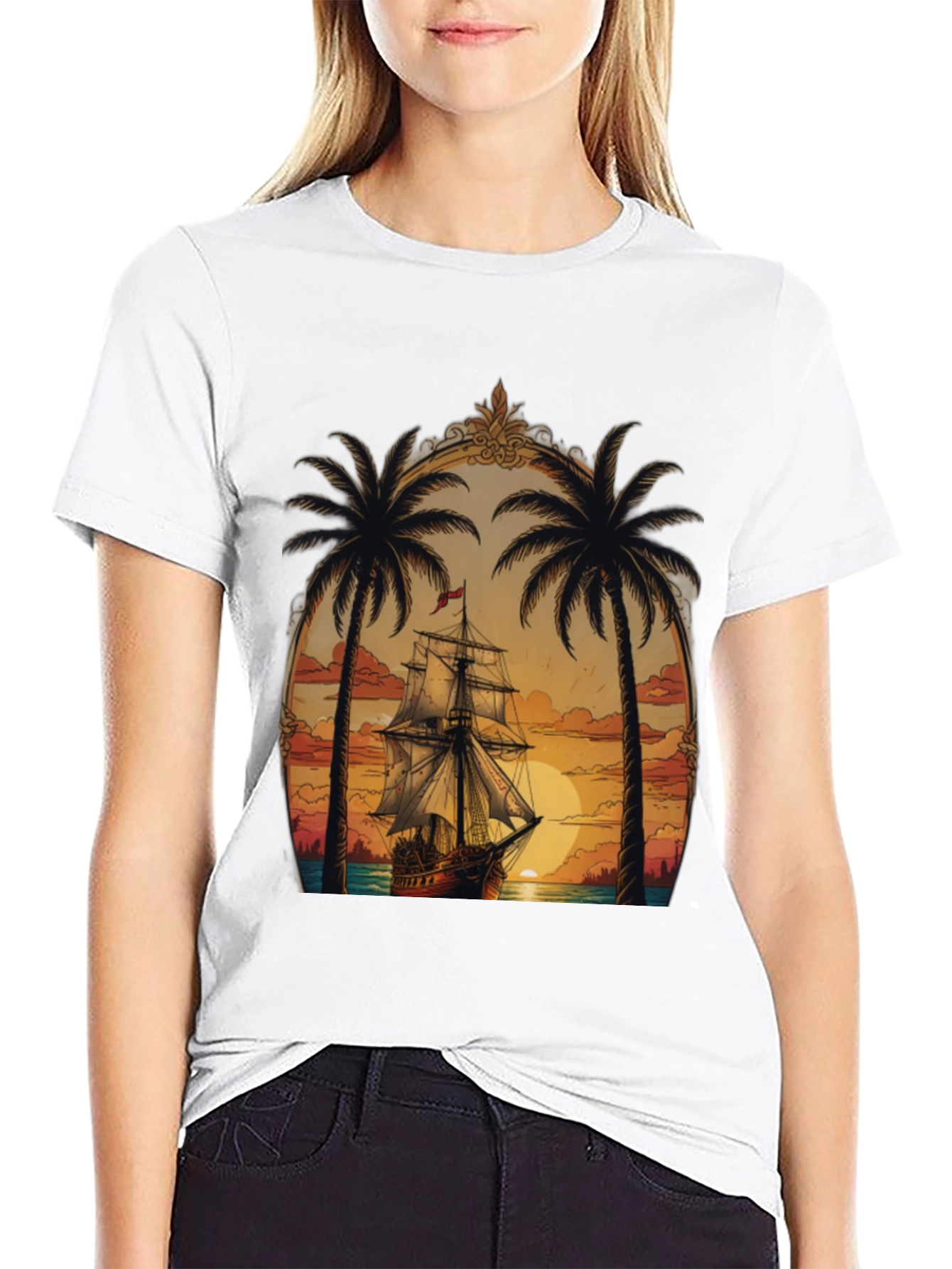 Tropical Sunset Ship Graphic Tee