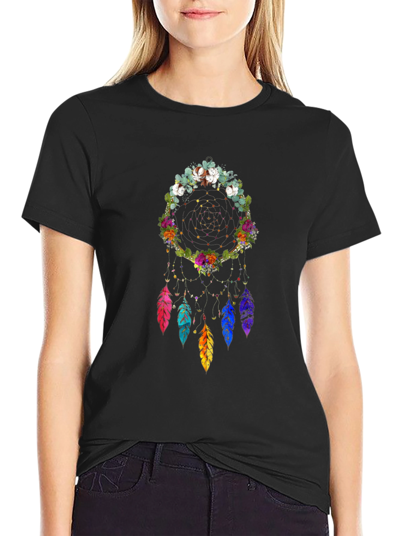 Floral Dream Catcher Graphic Tee - Black