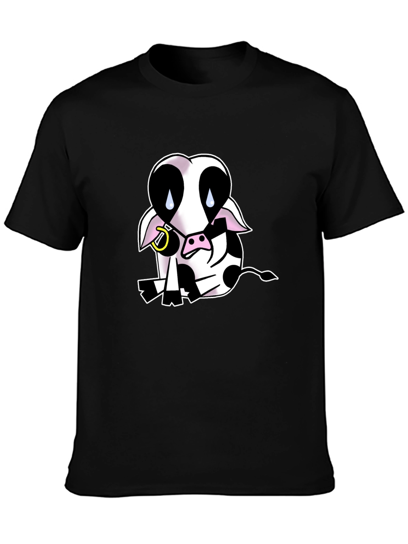 Black T-Shirt with Sad Cow Graphic