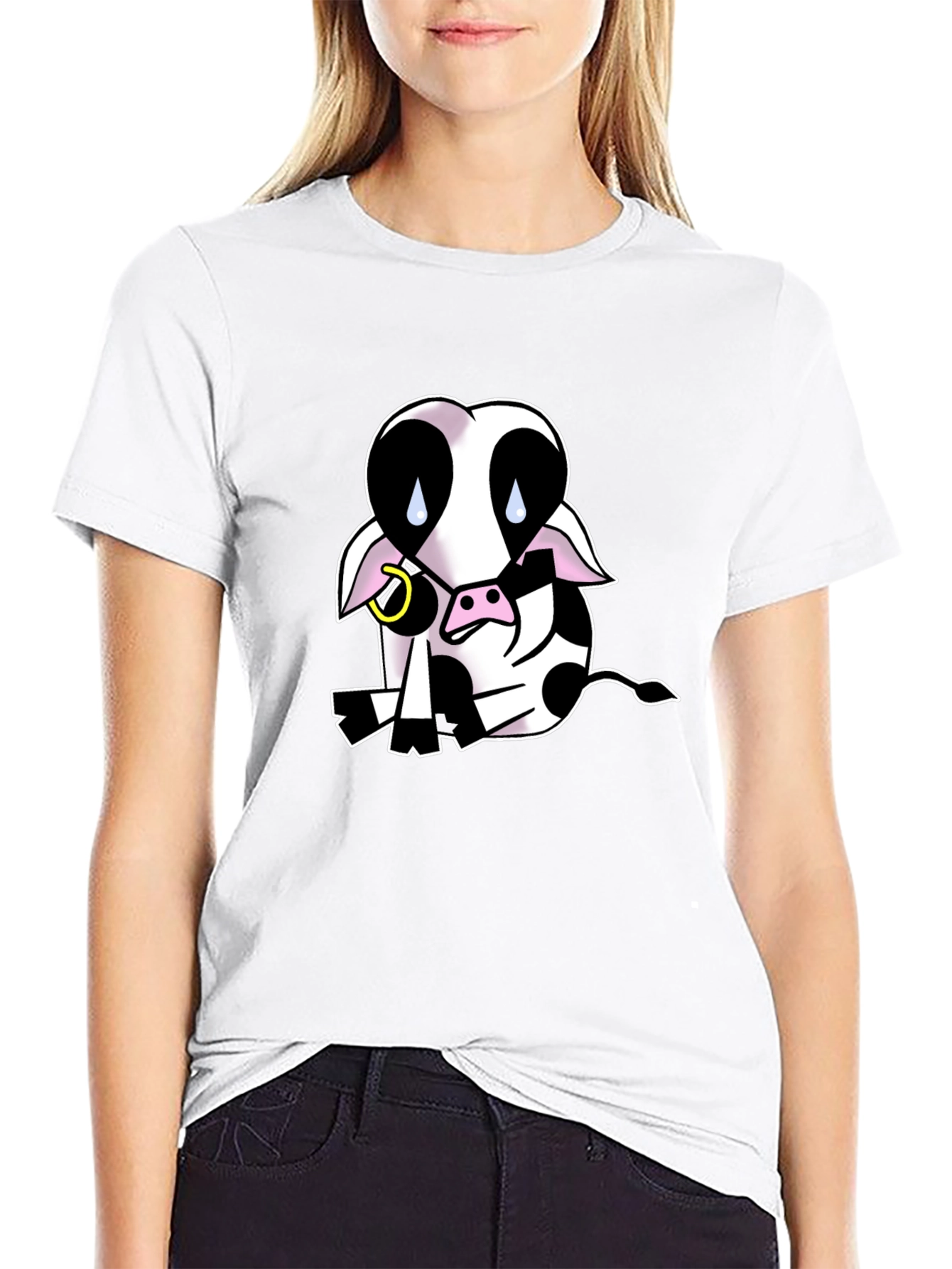 Black T-Shirt with Sad Cow Graphic