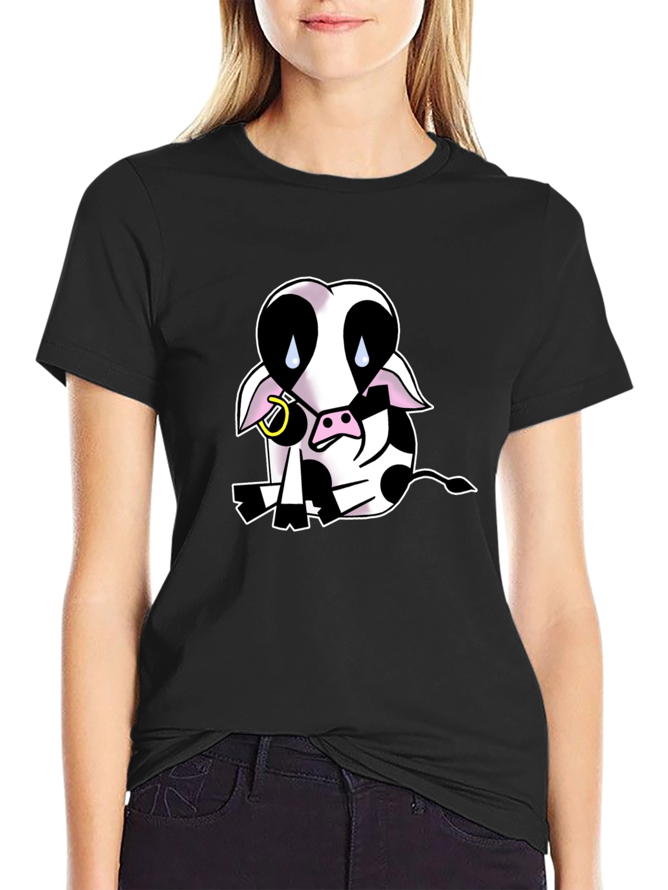 Black T-Shirt with Sad Cow Graphic