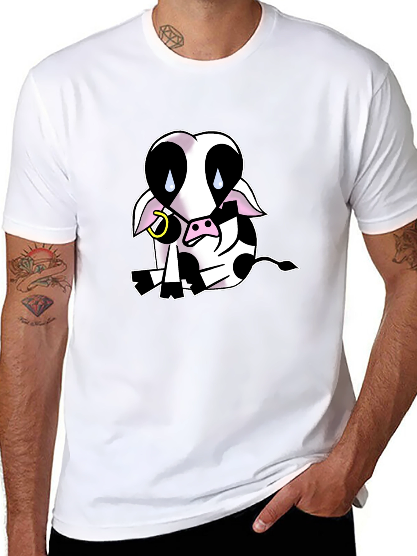 Black T-Shirt with Sad Cow Graphic