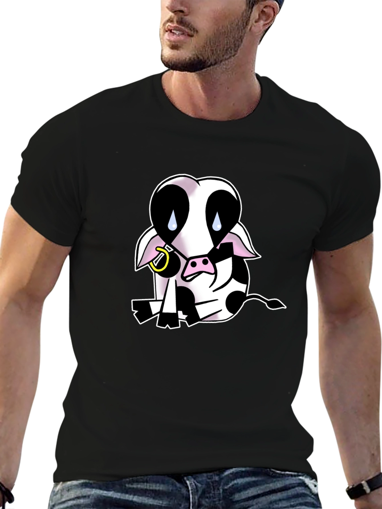 Black T-Shirt with Sad Cow Graphic