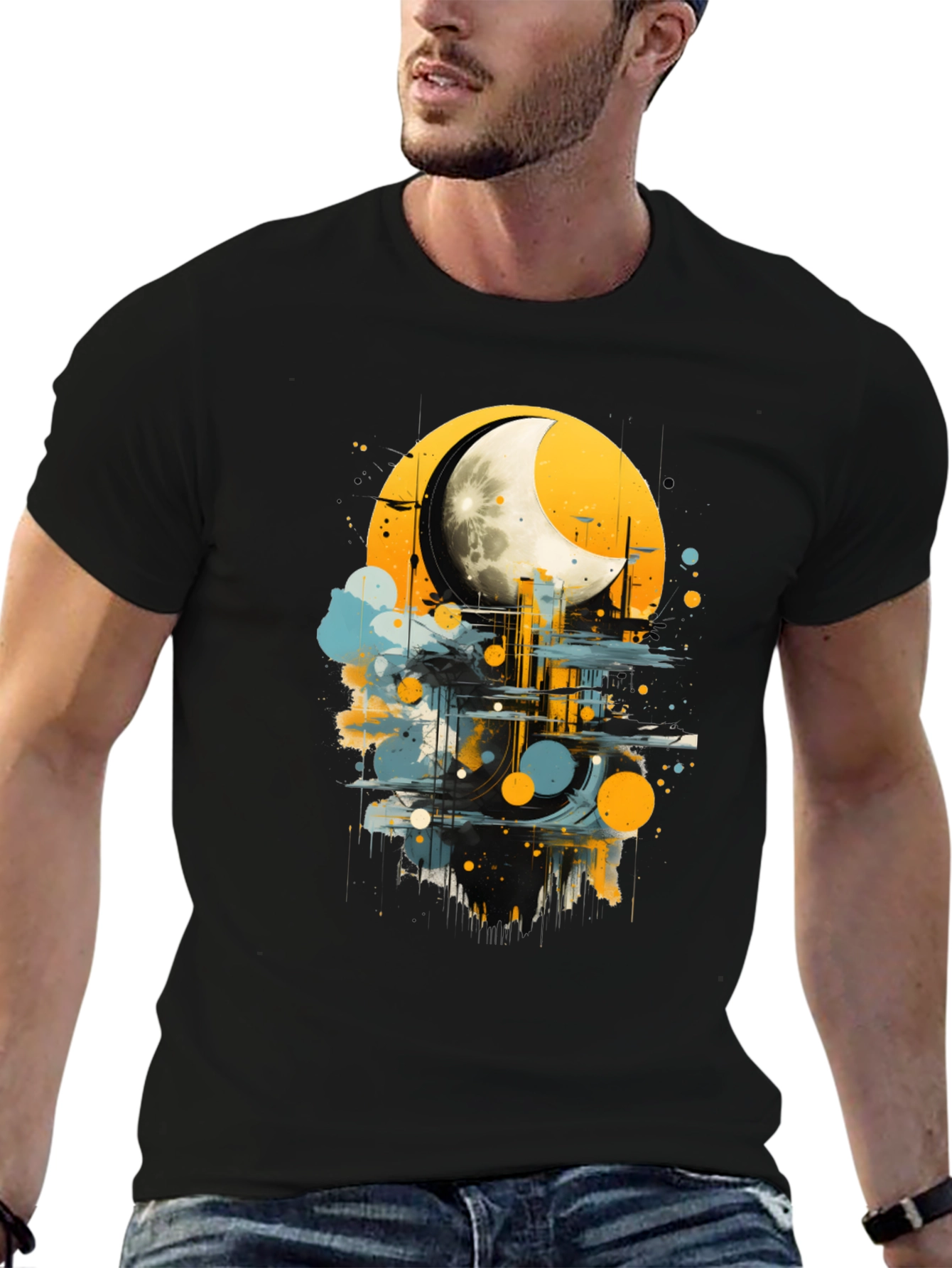Moonlight Cityscape Graphic Tee - Modern Art Shirt