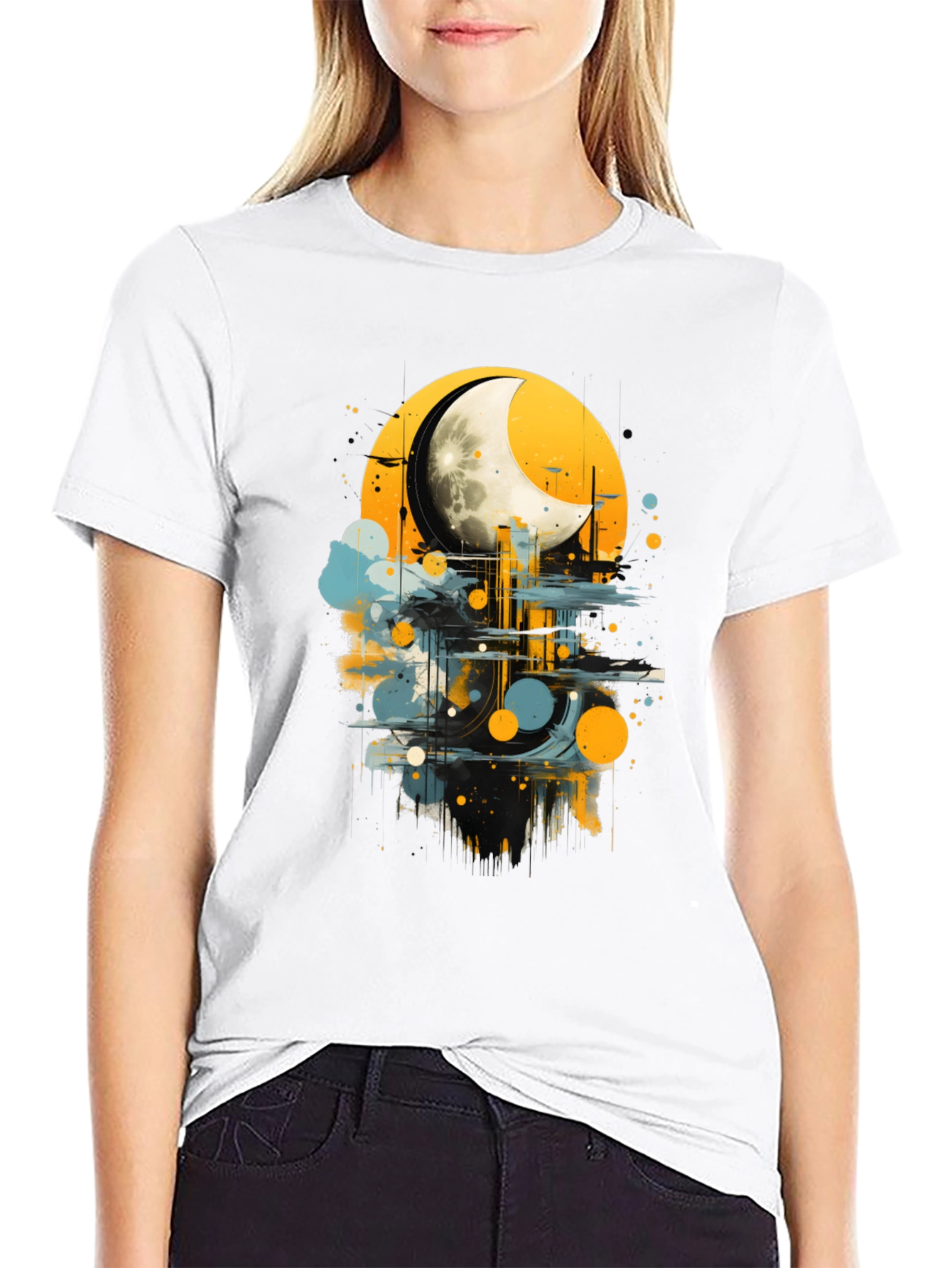 Moonlight Cityscape Graphic Tee - Modern Art Shirt