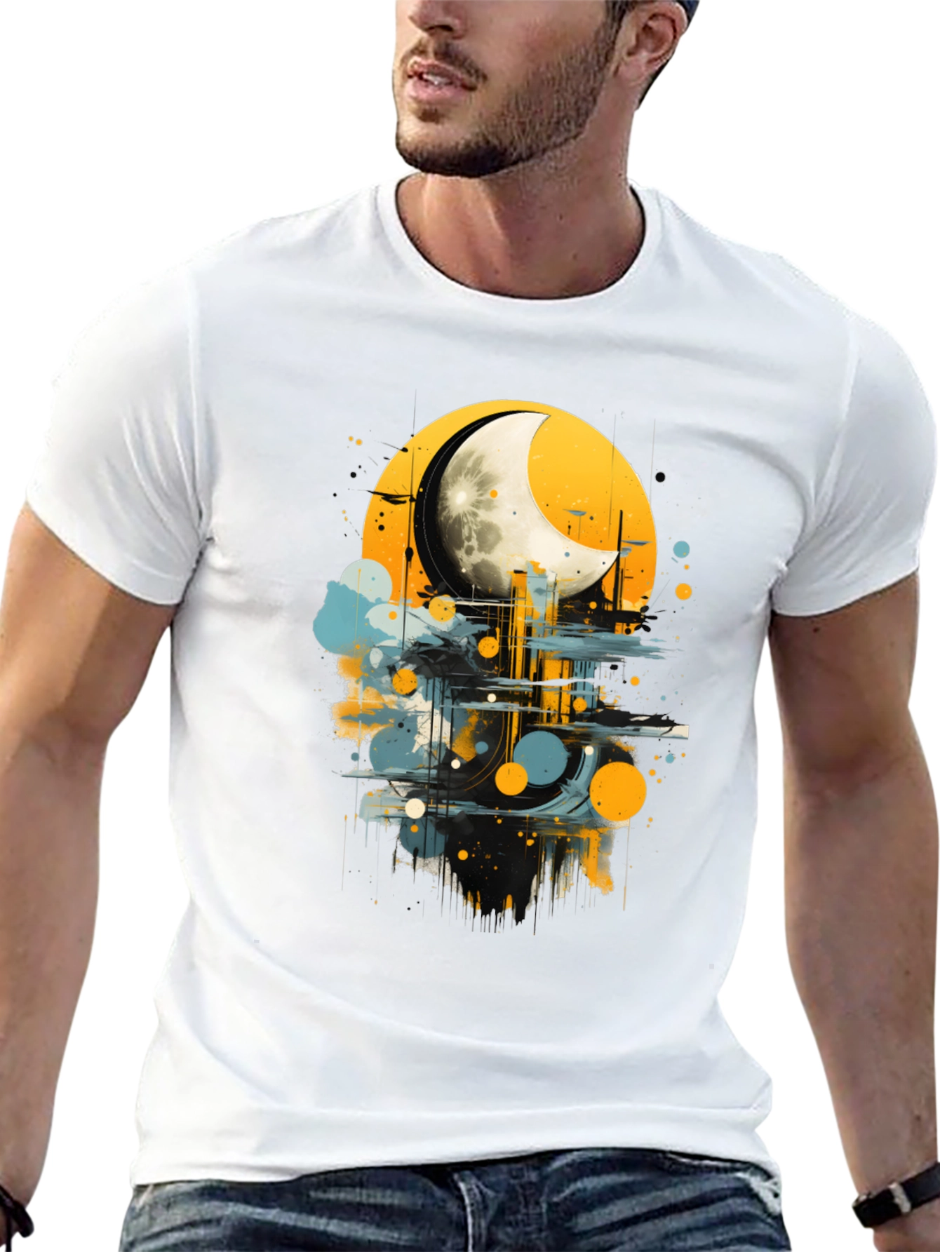 Moonlight Cityscape Graphic Tee - Modern Art Shirt