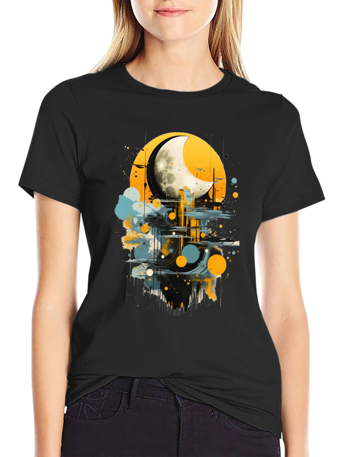 Moonlight Cityscape Graphic Tee - Modern Art Shirt