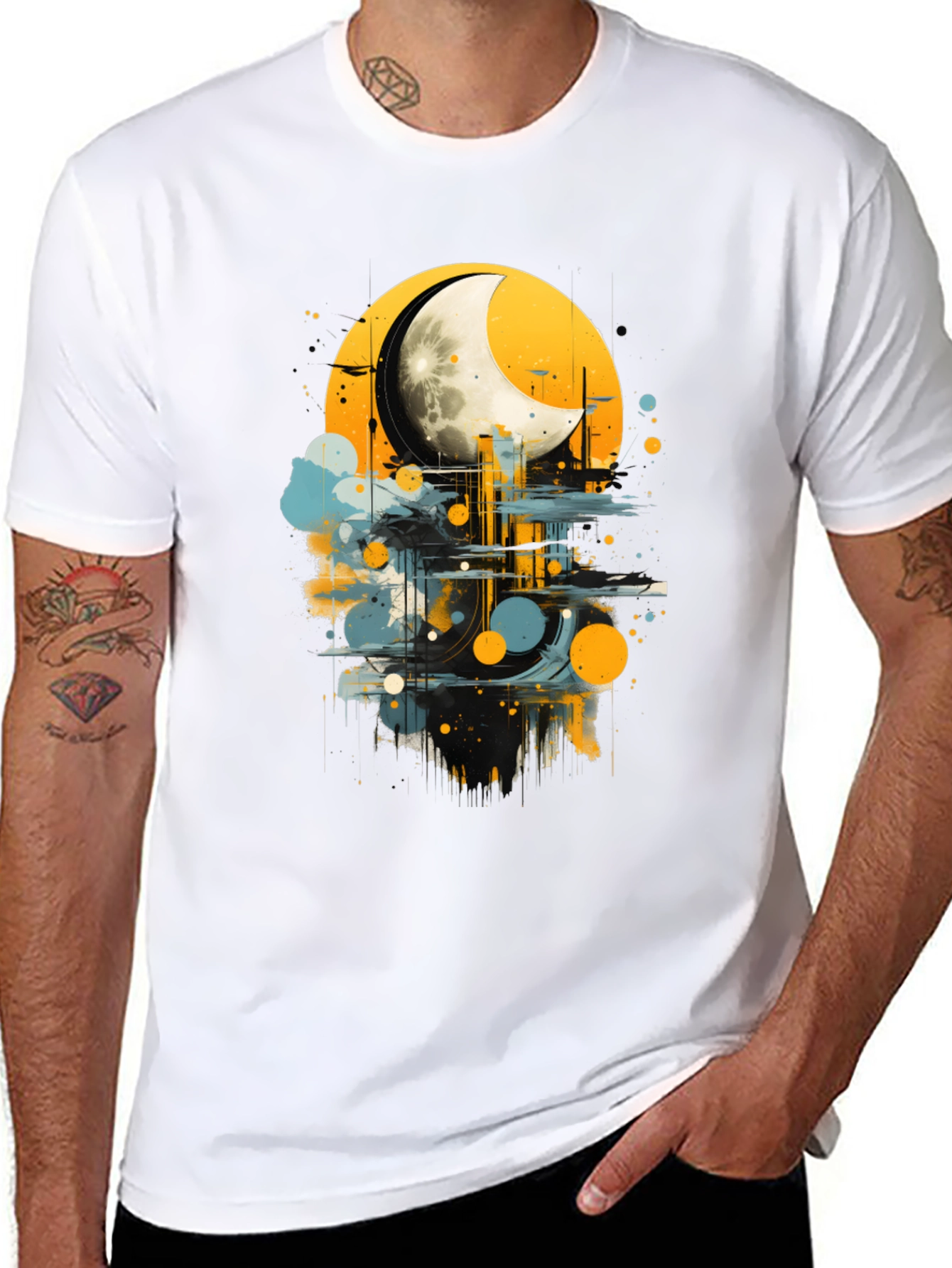 Moonlight Cityscape Graphic Tee - Modern Art Shirt