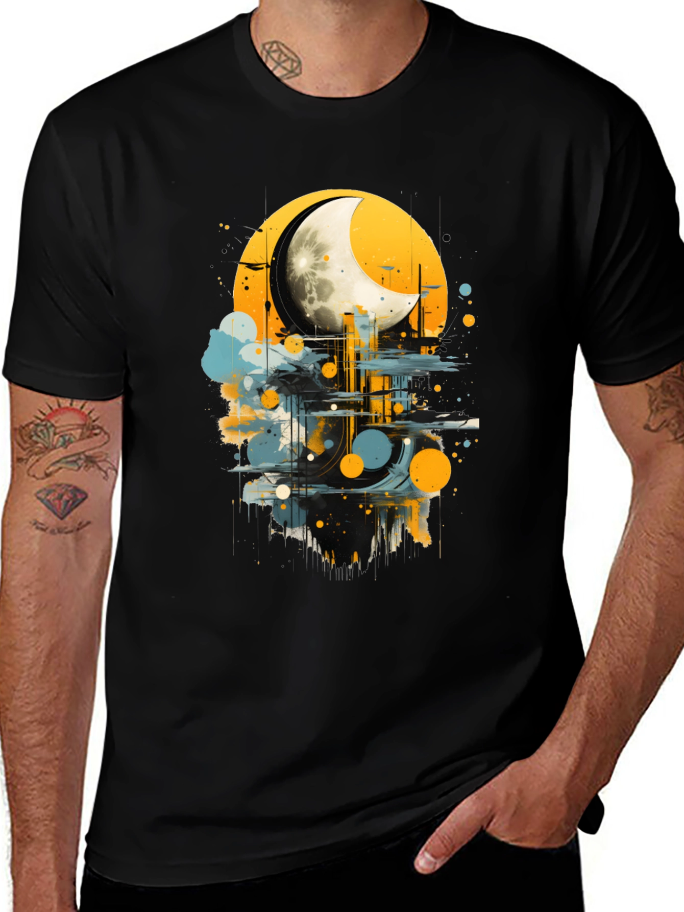 Moonlight Cityscape Graphic Tee - Modern Art Shirt