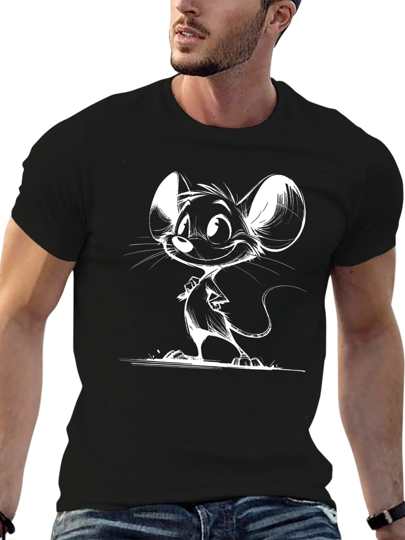 Cartoon Mouse Graphic Tee - Black Cotton Shirt