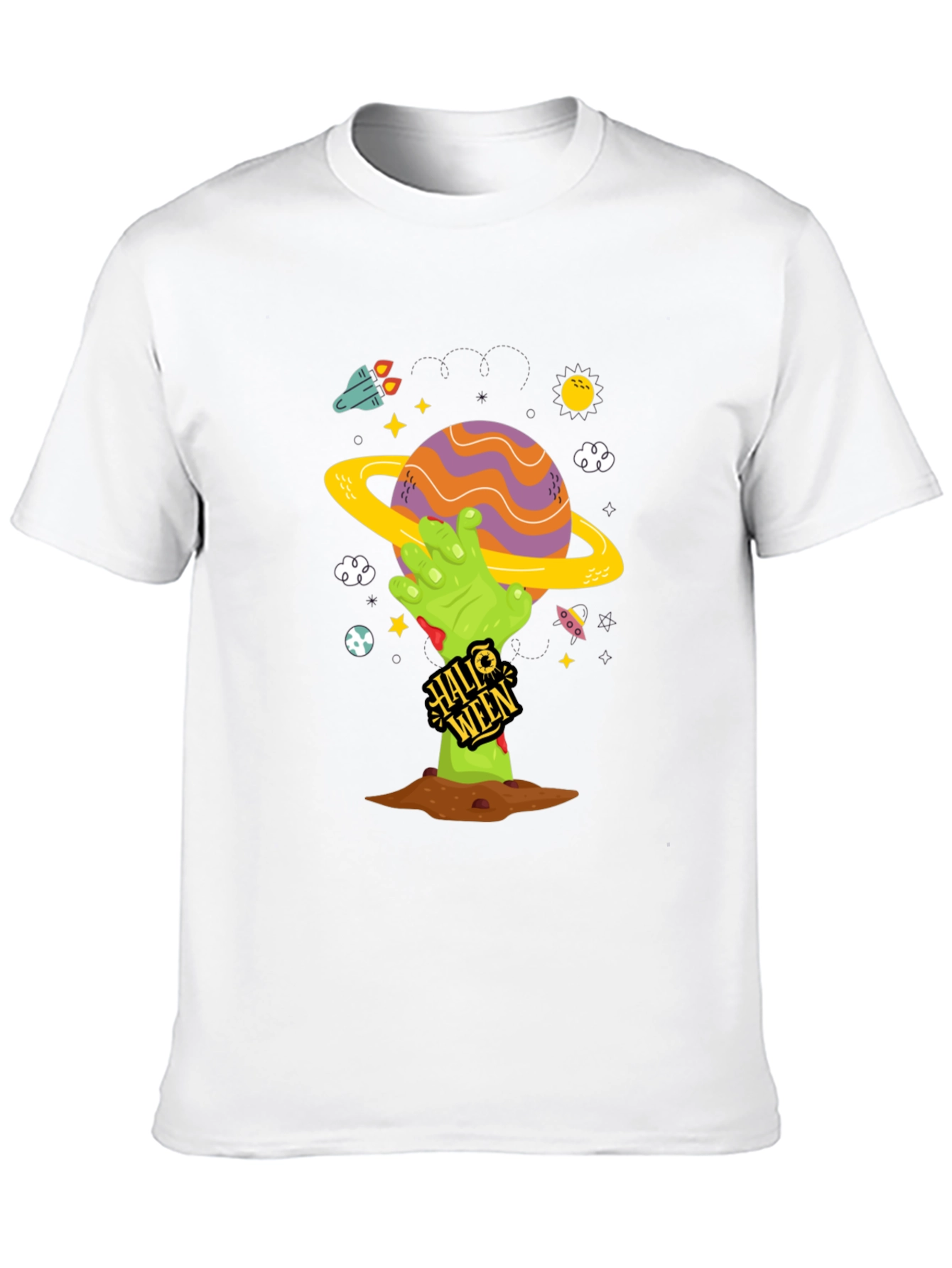 Spooky Halloween Planet T-Shirt - Zombie Hand Tee